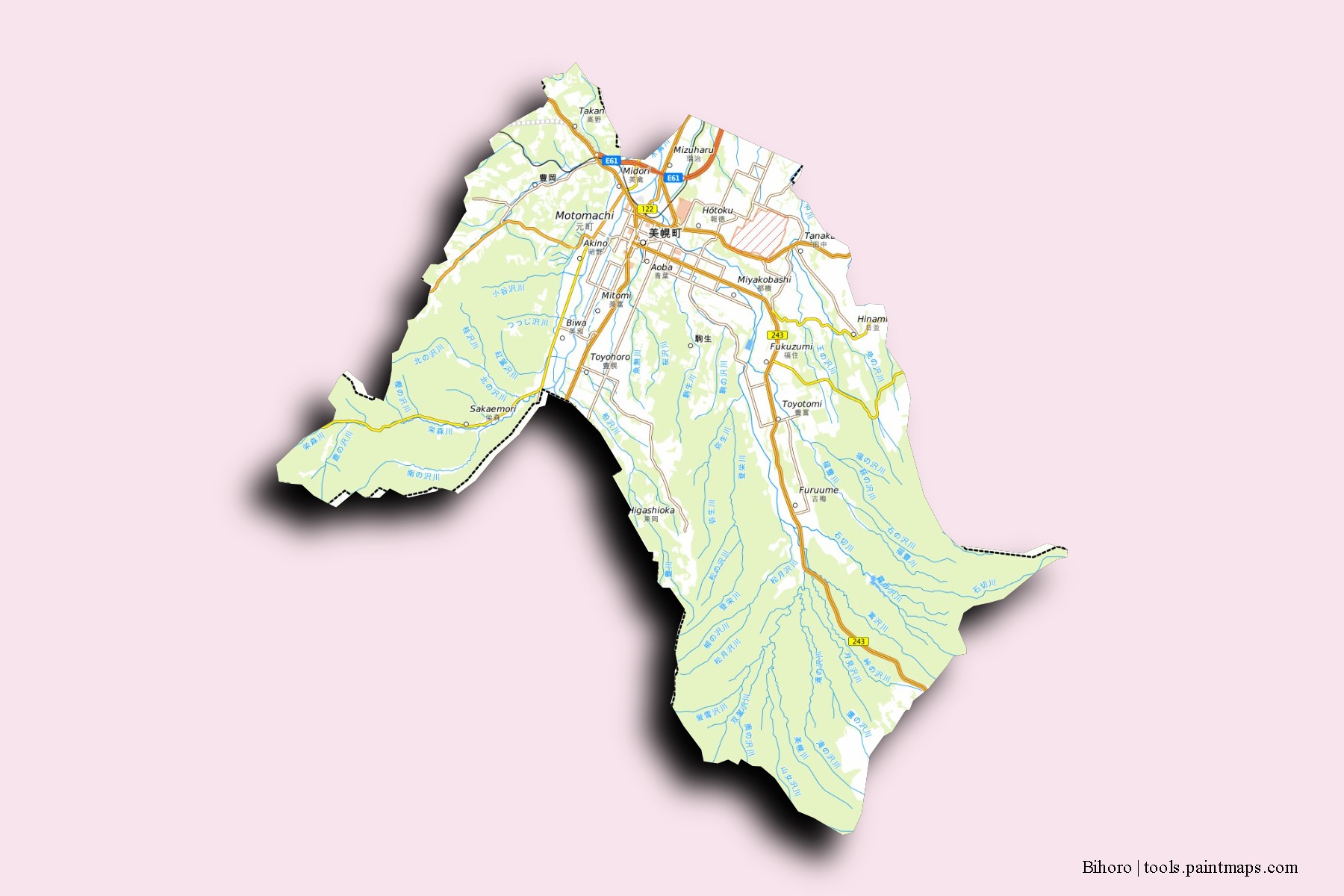 Bihoro neighborhoods and villages map with 3D shadow effect