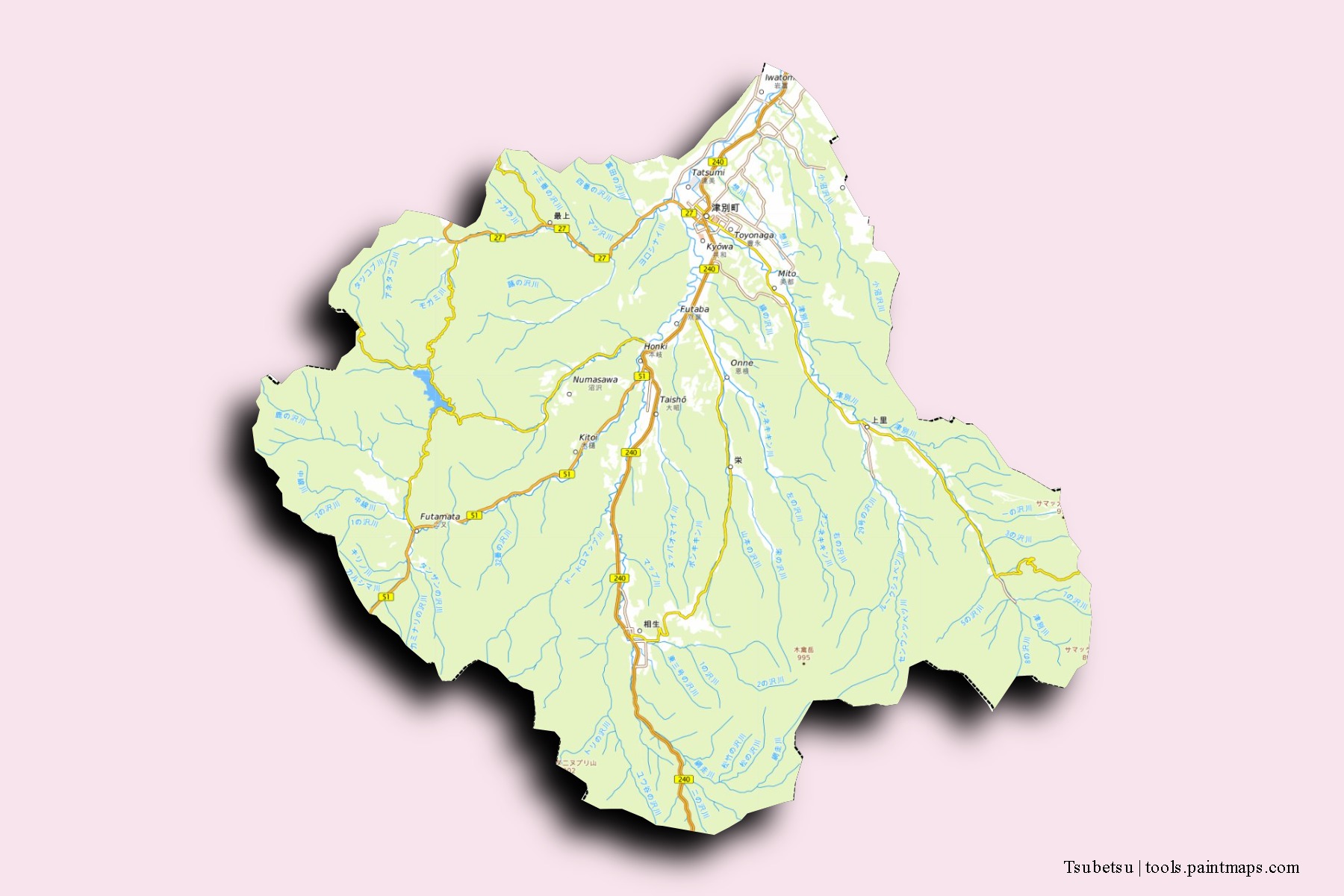 Tsubetsu neighborhoods and villages map with 3D shadow effect