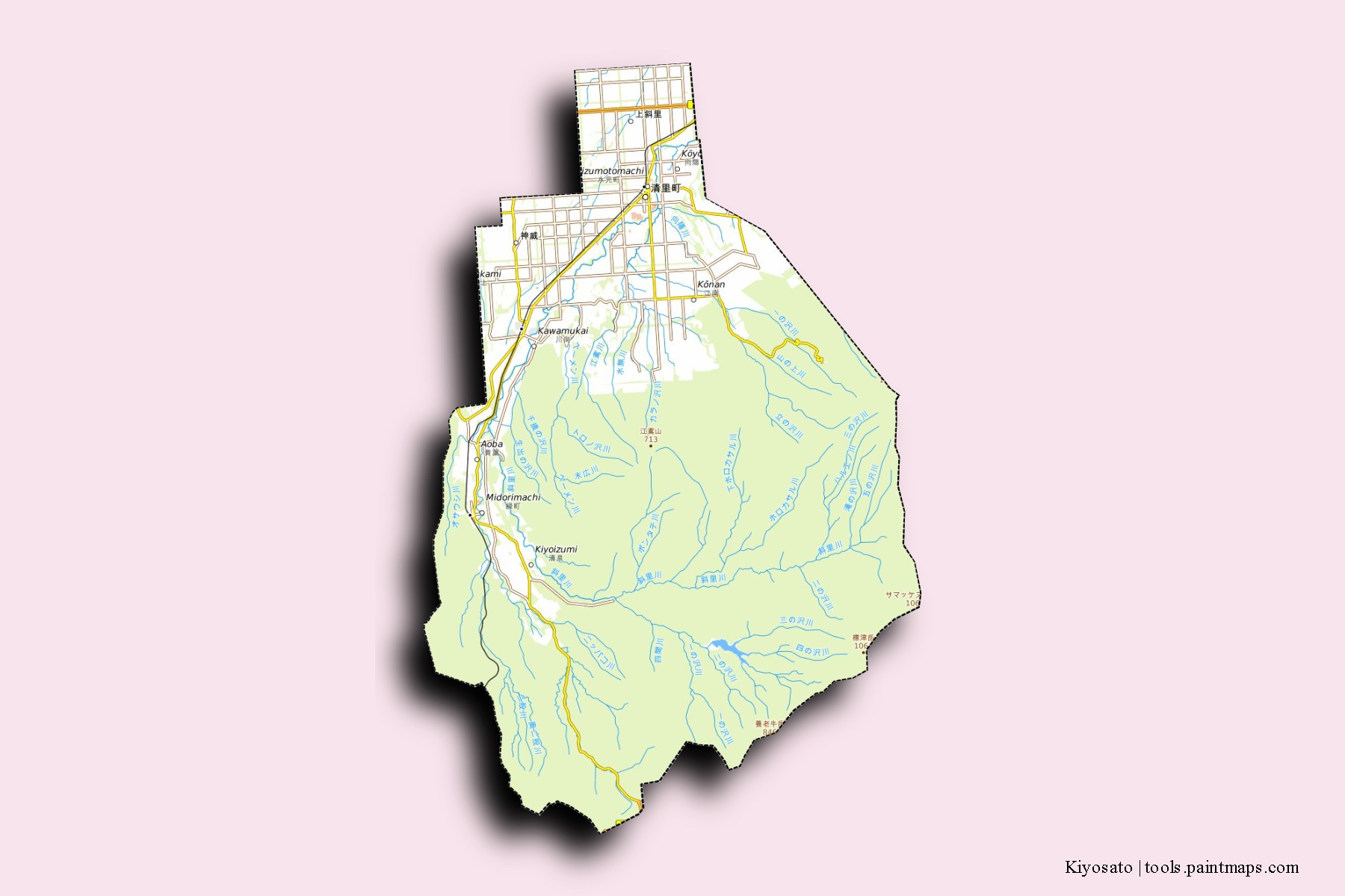 Mapa de barrios y pueblos de Kiyosato con efecto de sombra 3D