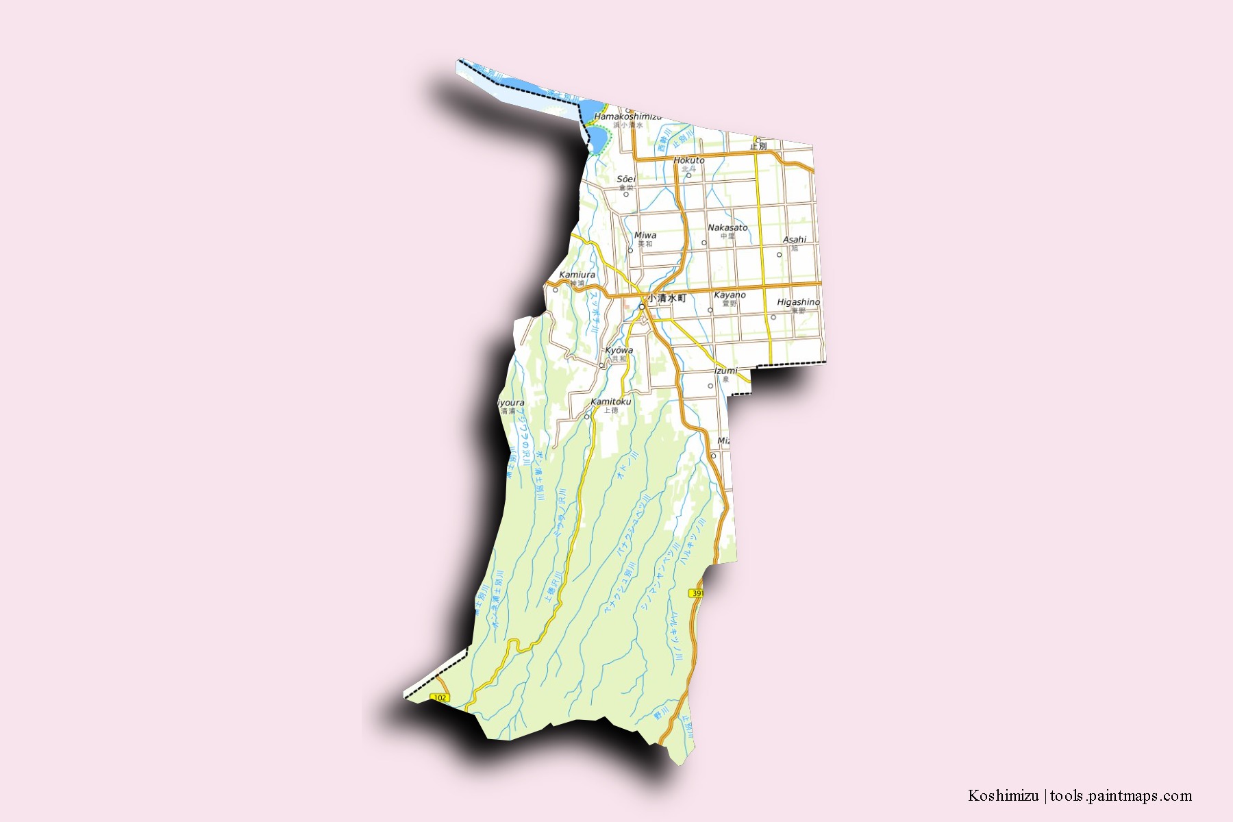 Mapa de barrios y pueblos de Koshimizu con efecto de sombra 3D