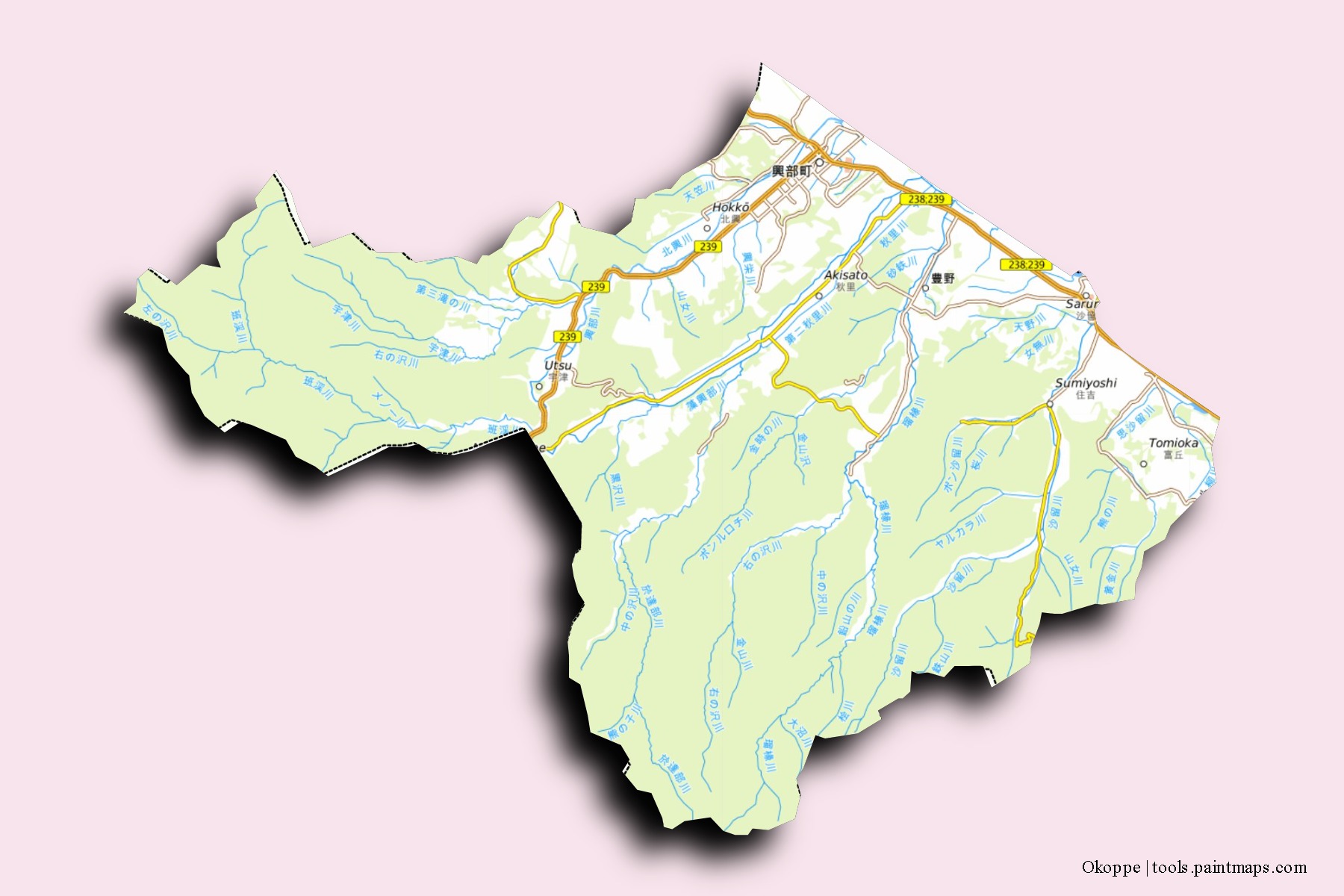 Mapa de barrios y pueblos de Okoppe con efecto de sombra 3D