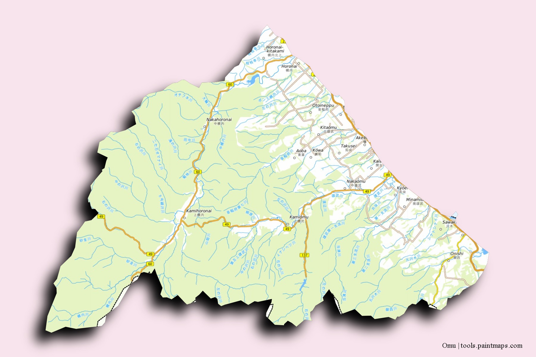 Mapa de barrios y pueblos de Omu con efecto de sombra 3D