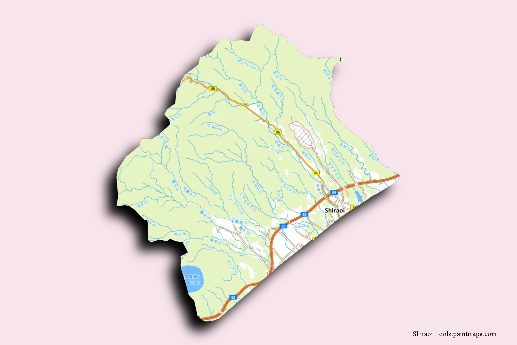 Mapa de barrios y pueblos de Shiraoi con efecto de sombra 3D