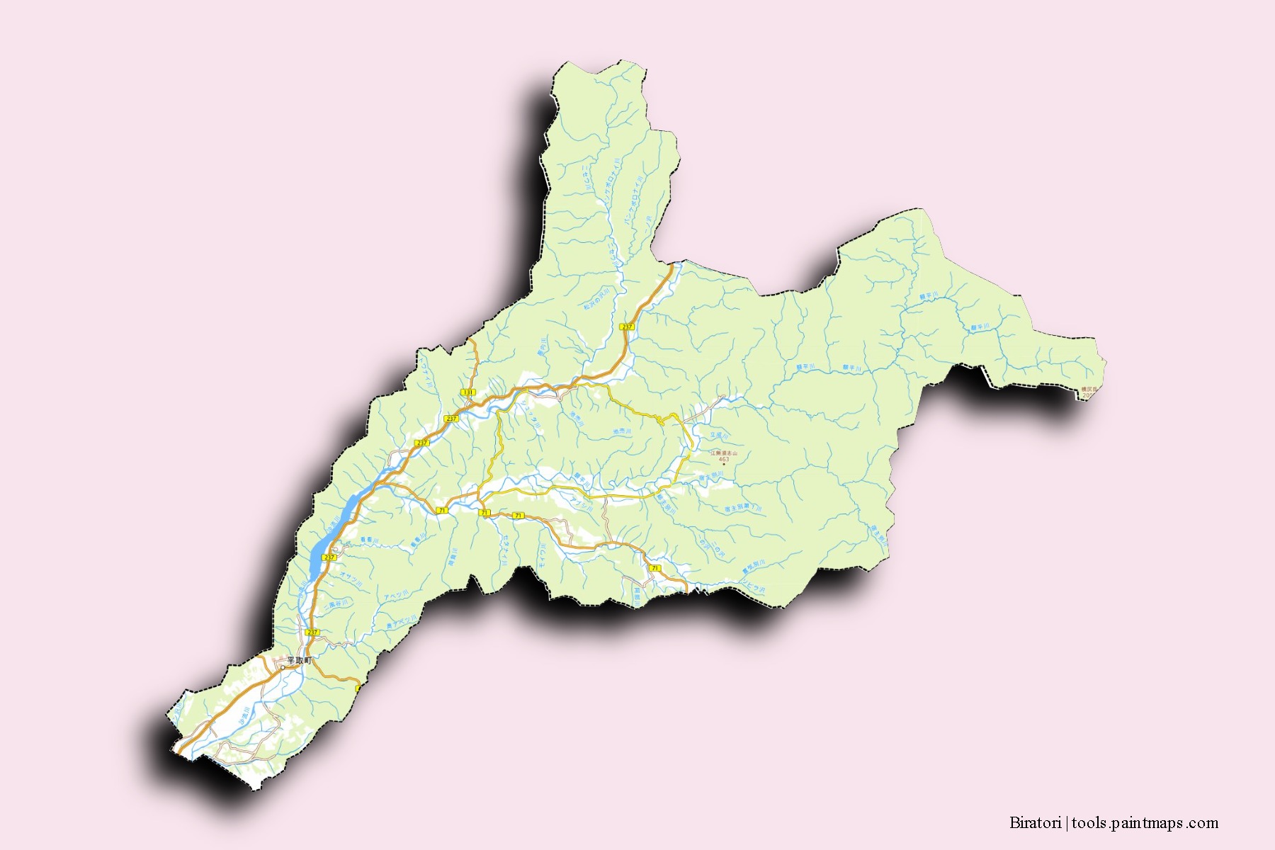 Mapa de barrios y pueblos de Biratori con efecto de sombra 3D