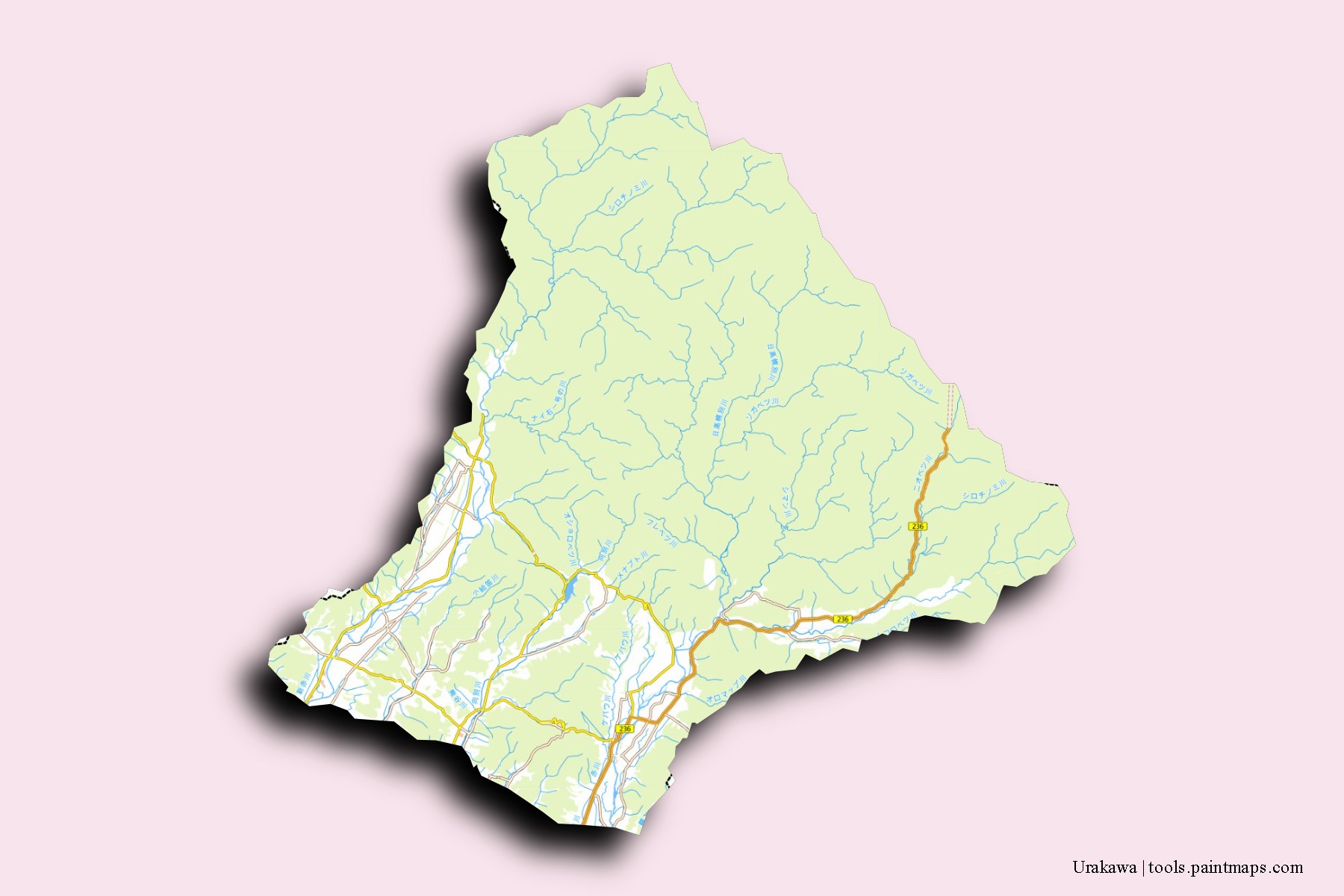 Mapa de barrios y pueblos de Urakawa con efecto de sombra 3D