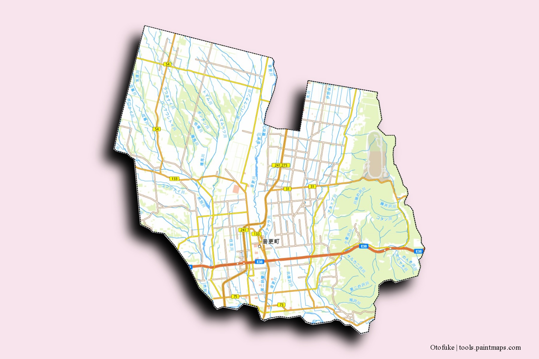 Otofuke neighborhoods and villages map with 3D shadow effect