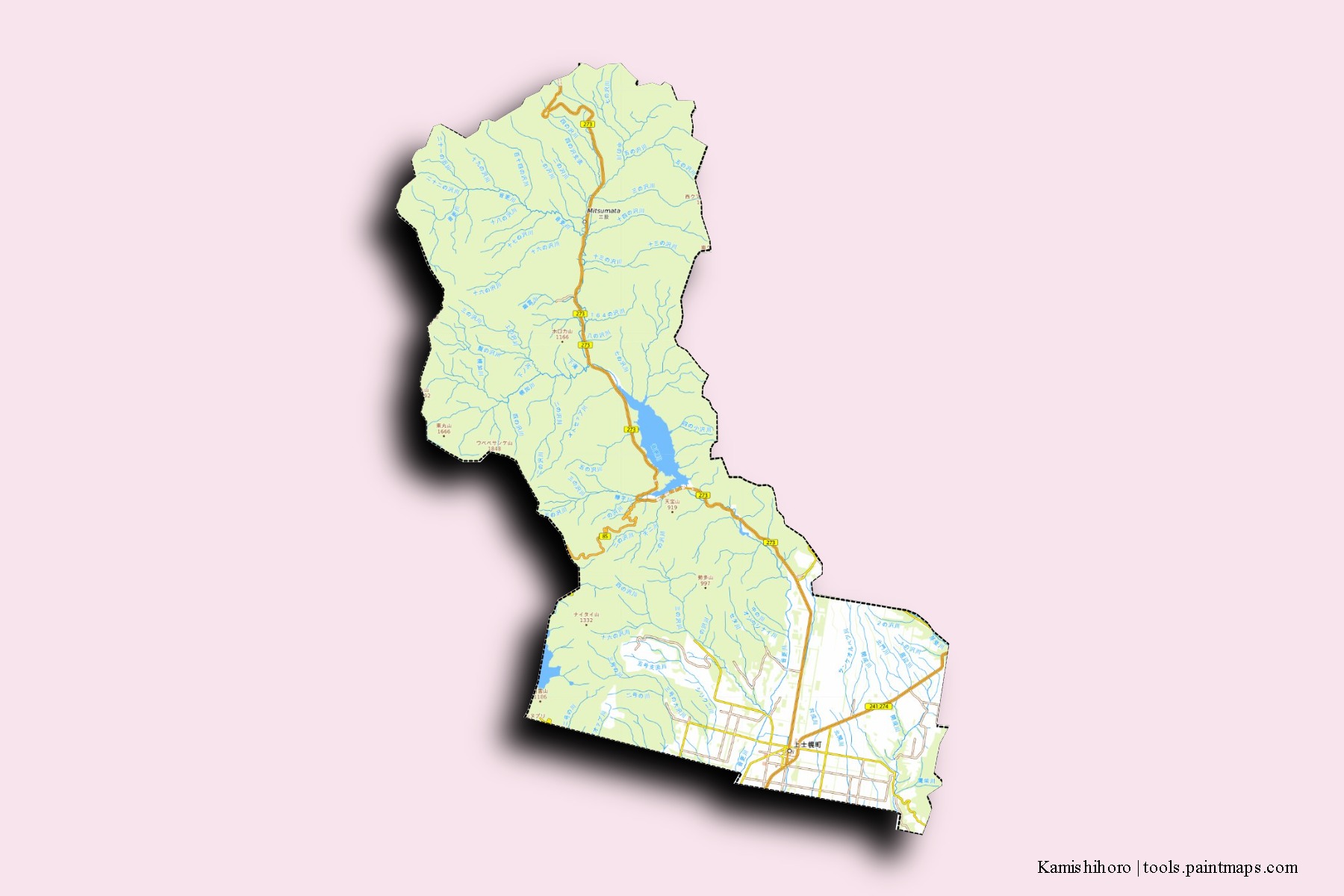 Mapa de barrios y pueblos de Kamishihoro con efecto de sombra 3D