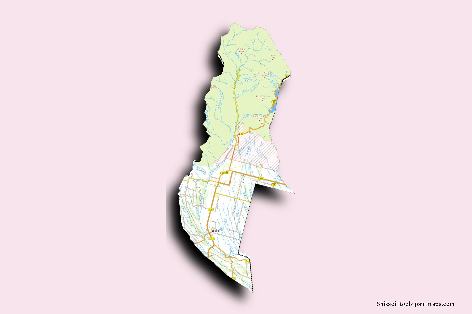 Mapa de barrios y pueblos de Shikaoi con efecto de sombra 3D