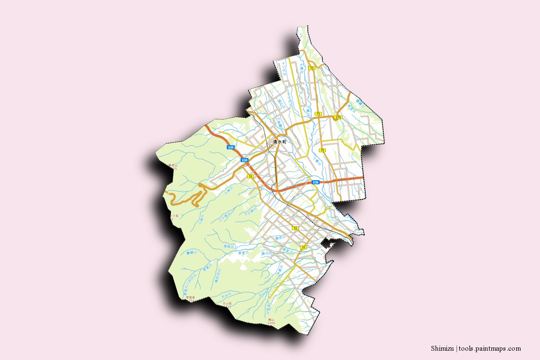 Shimizu neighborhoods and villages map with 3D shadow effect