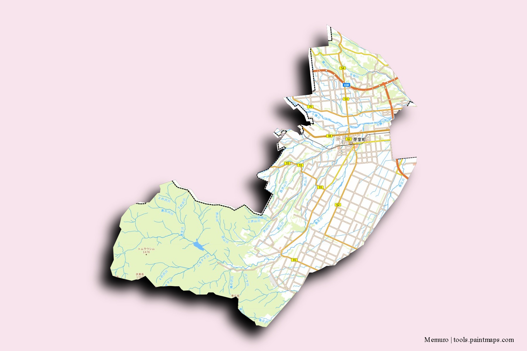 Memuro neighborhoods and villages map with 3D shadow effect