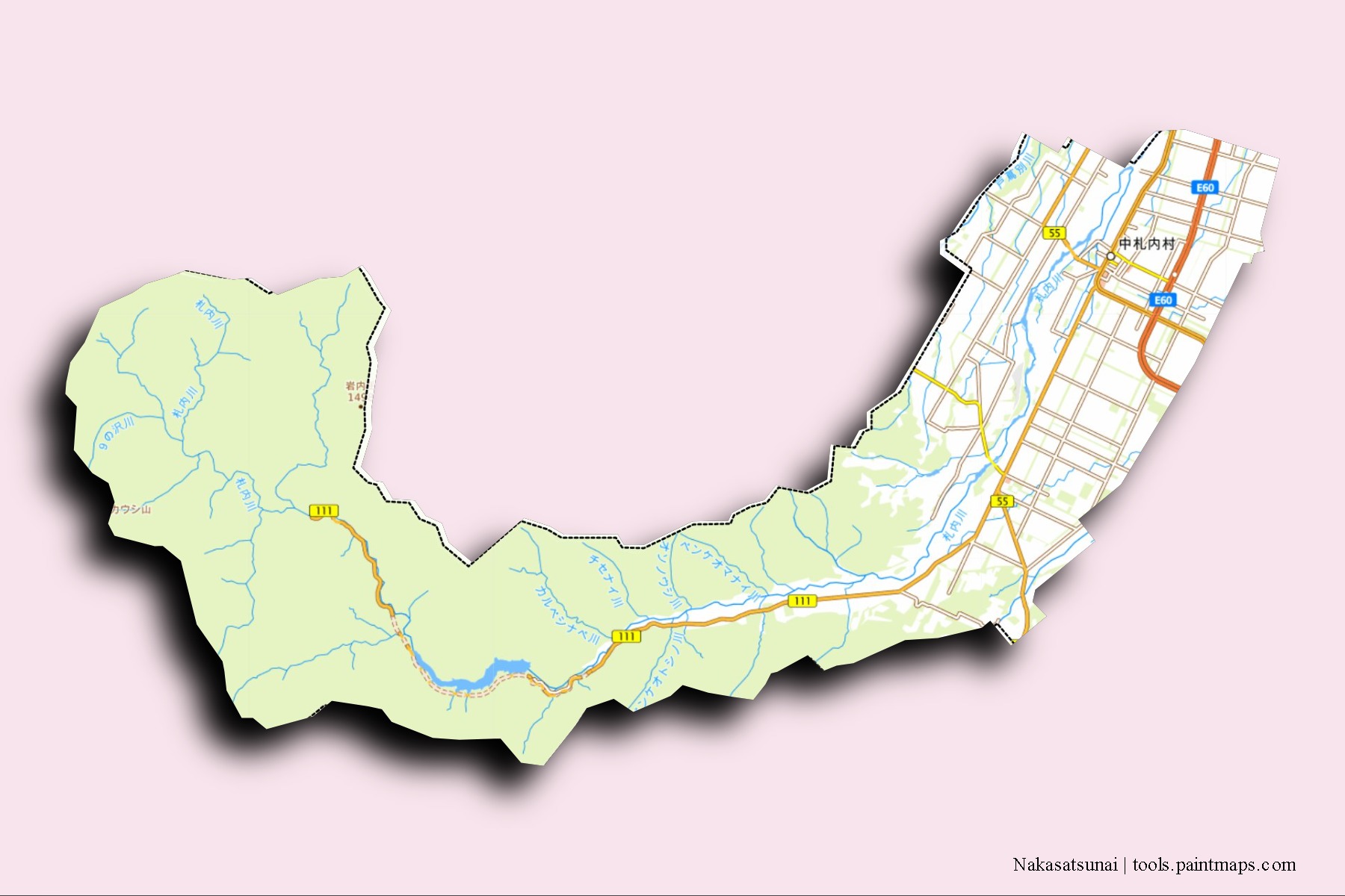 Nakasatsunai neighborhoods and villages map with 3D shadow effect