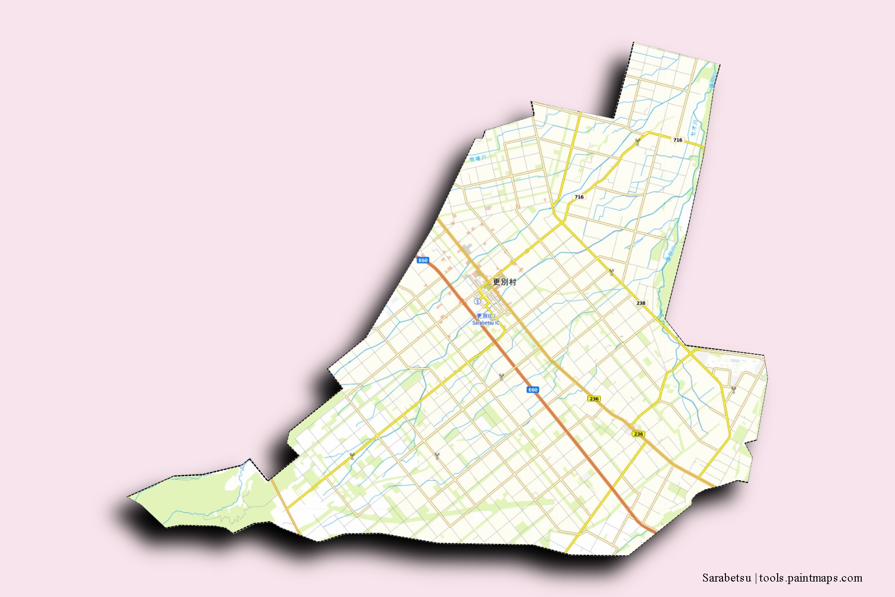 Sarabetsu neighborhoods and villages map with 3D shadow effect