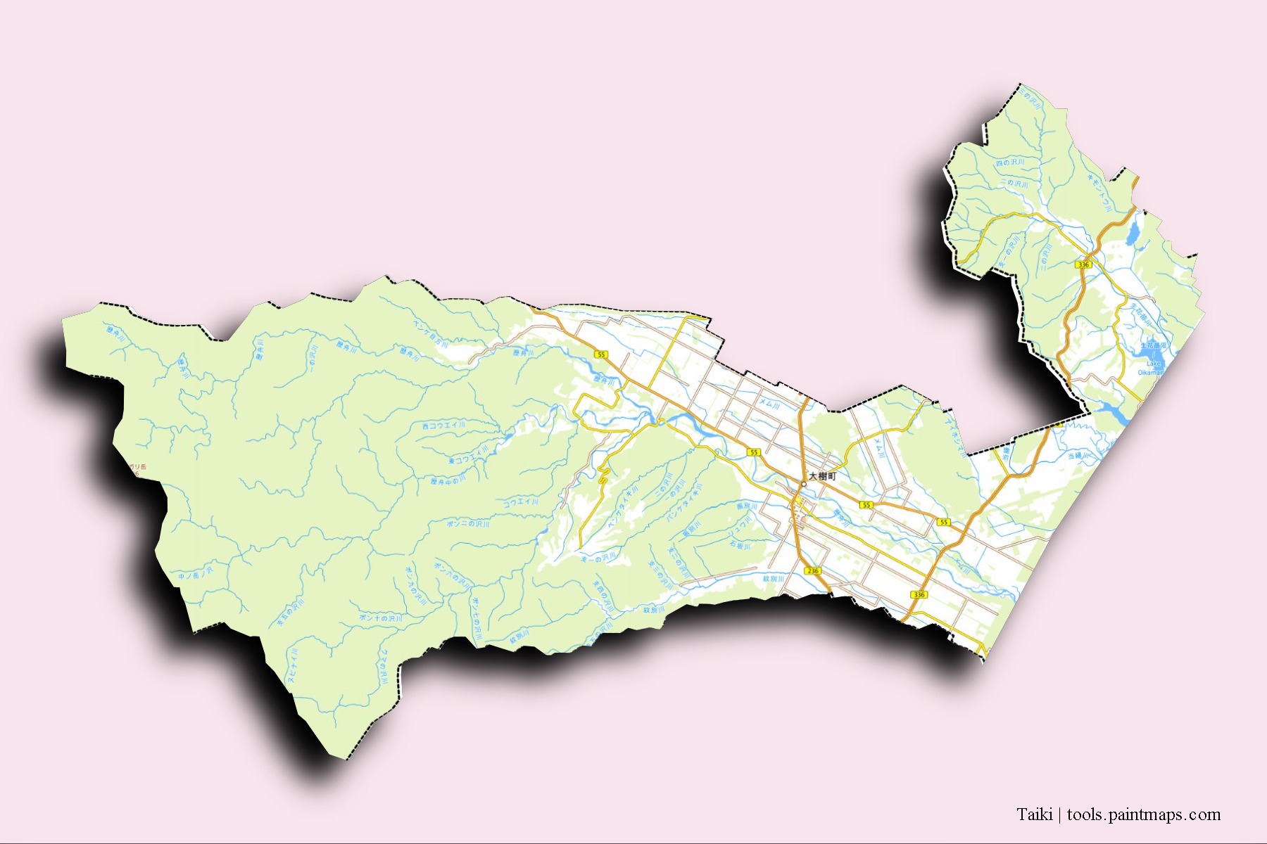 Mapa de barrios y pueblos de Taiki con efecto de sombra 3D