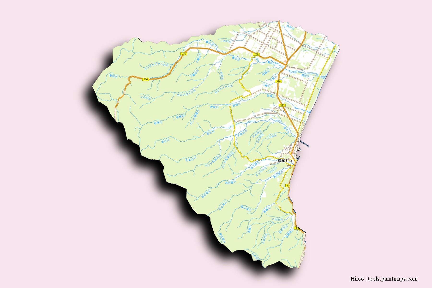 Mapa de barrios y pueblos de Hiroo con efecto de sombra 3D