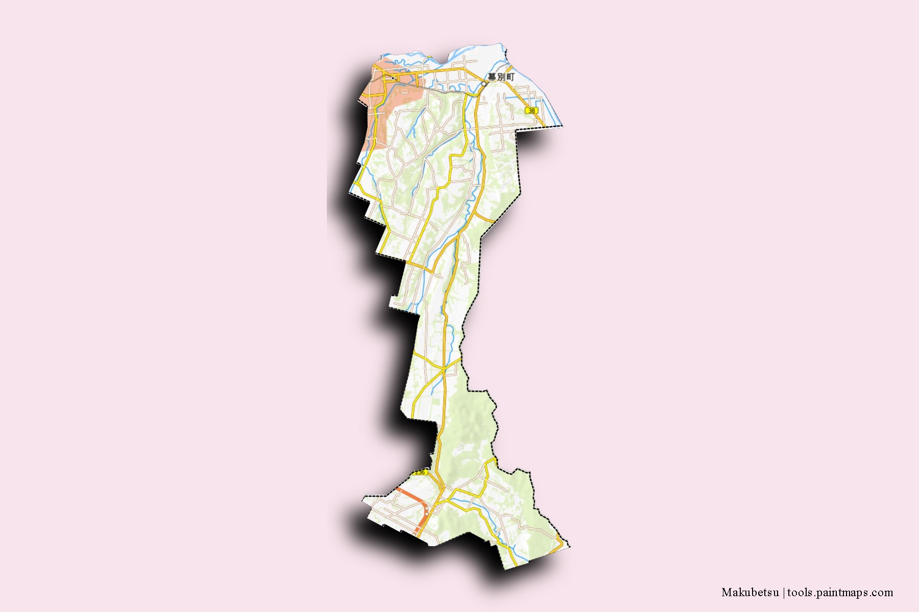 Mapa de barrios y pueblos de Makubetsu con efecto de sombra 3D