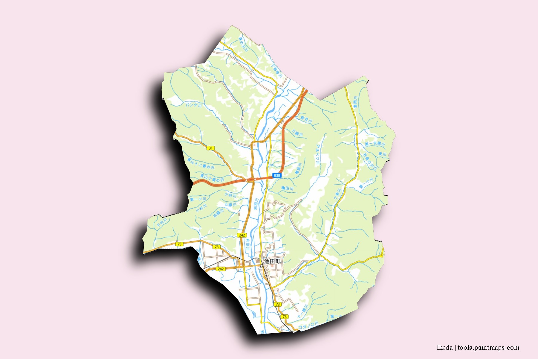 Mapa de barrios y pueblos de Ikeda con efecto de sombra 3D