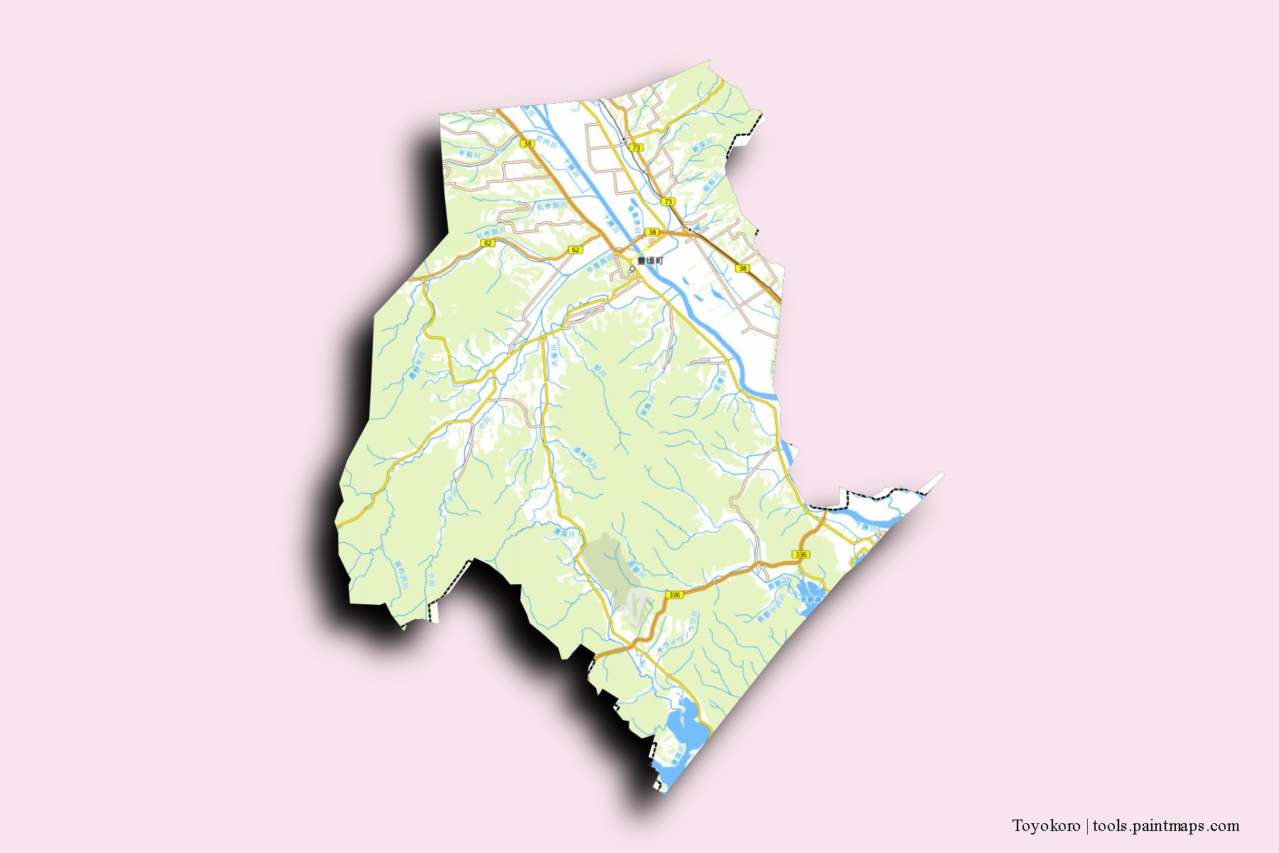 Mapa de barrios y pueblos de Toyokoro con efecto de sombra 3D