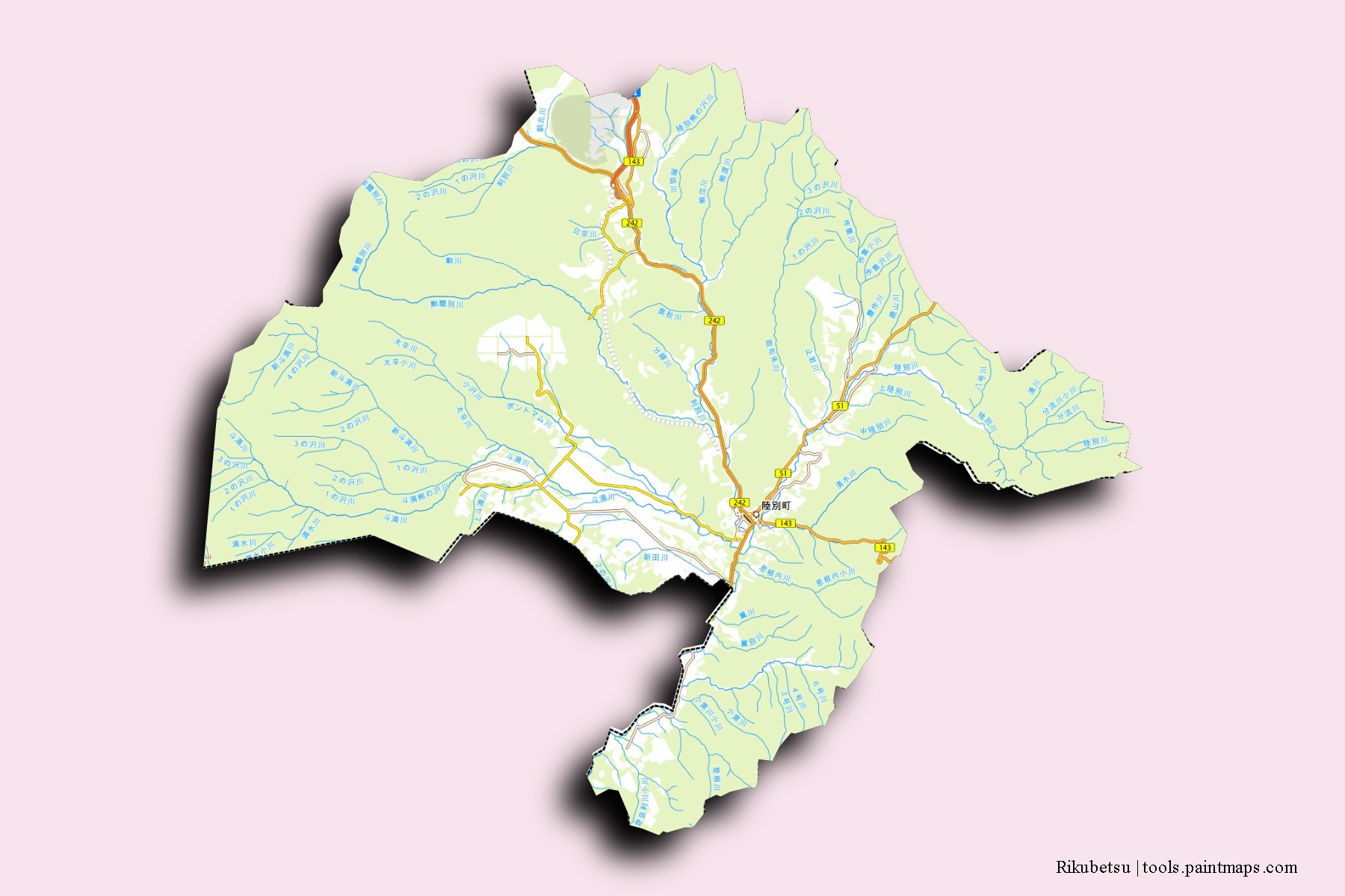 Rikubetsu neighborhoods and villages map with 3D shadow effect