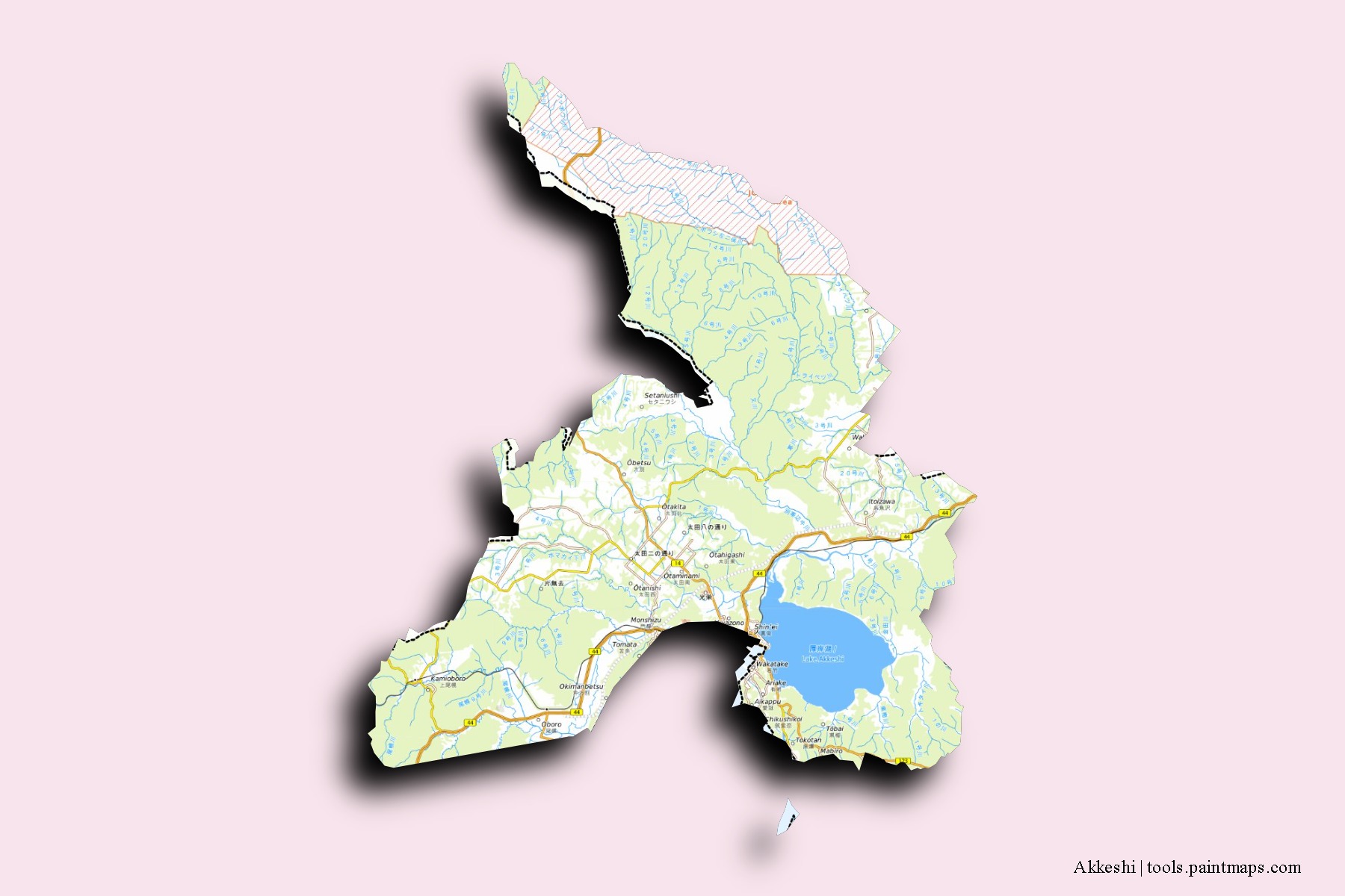 Mapa de barrios y pueblos de Akkeshi con efecto de sombra 3D