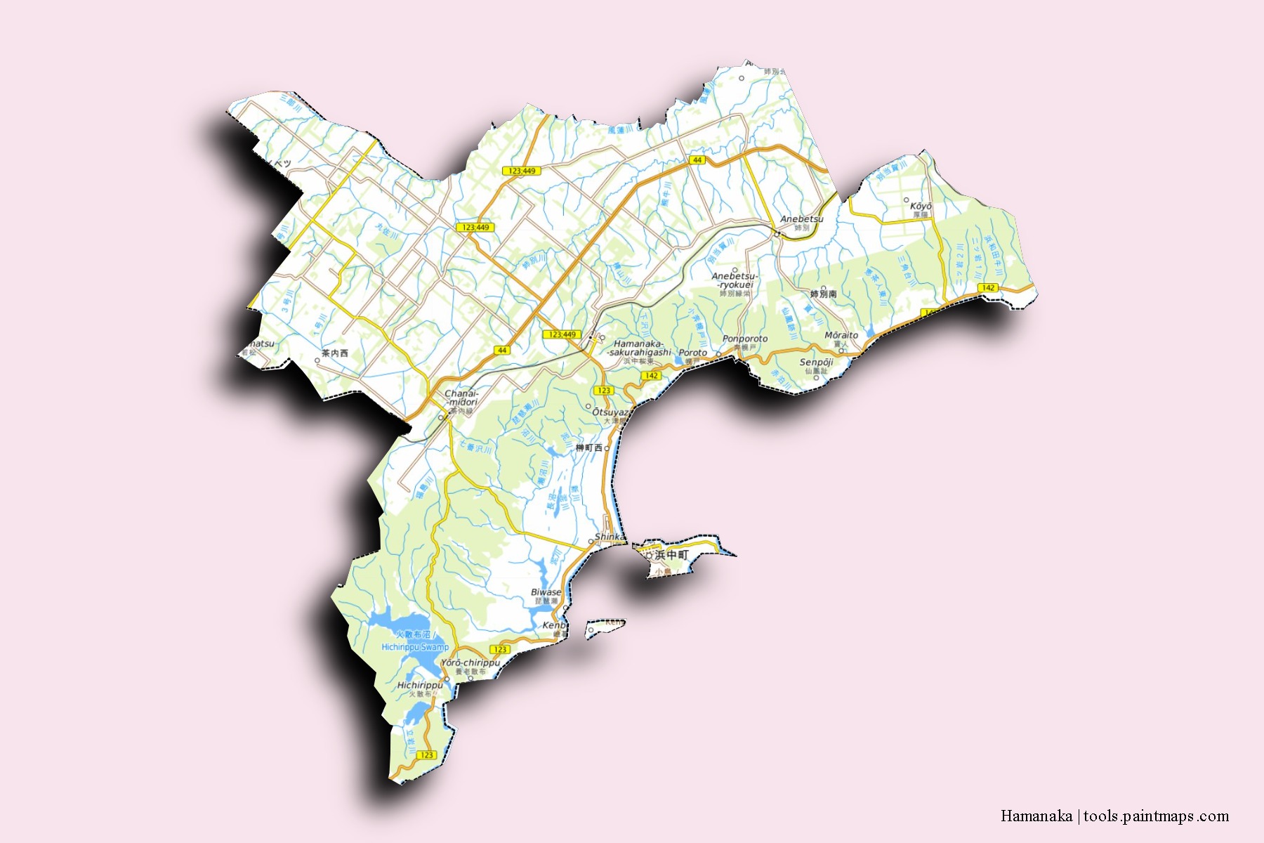 Mapa de barrios y pueblos de Hamanaka con efecto de sombra 3D