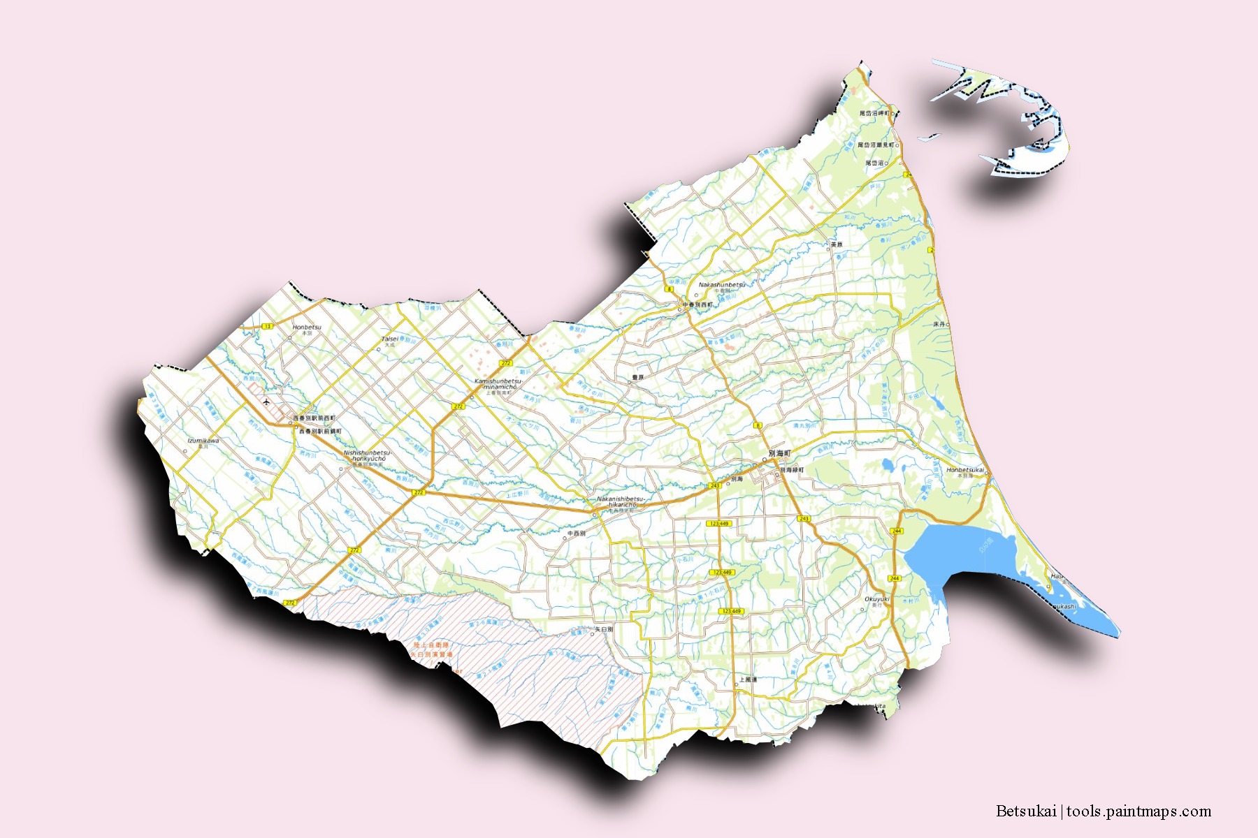 Mapa de barrios y pueblos de Betsukai con efecto de sombra 3D