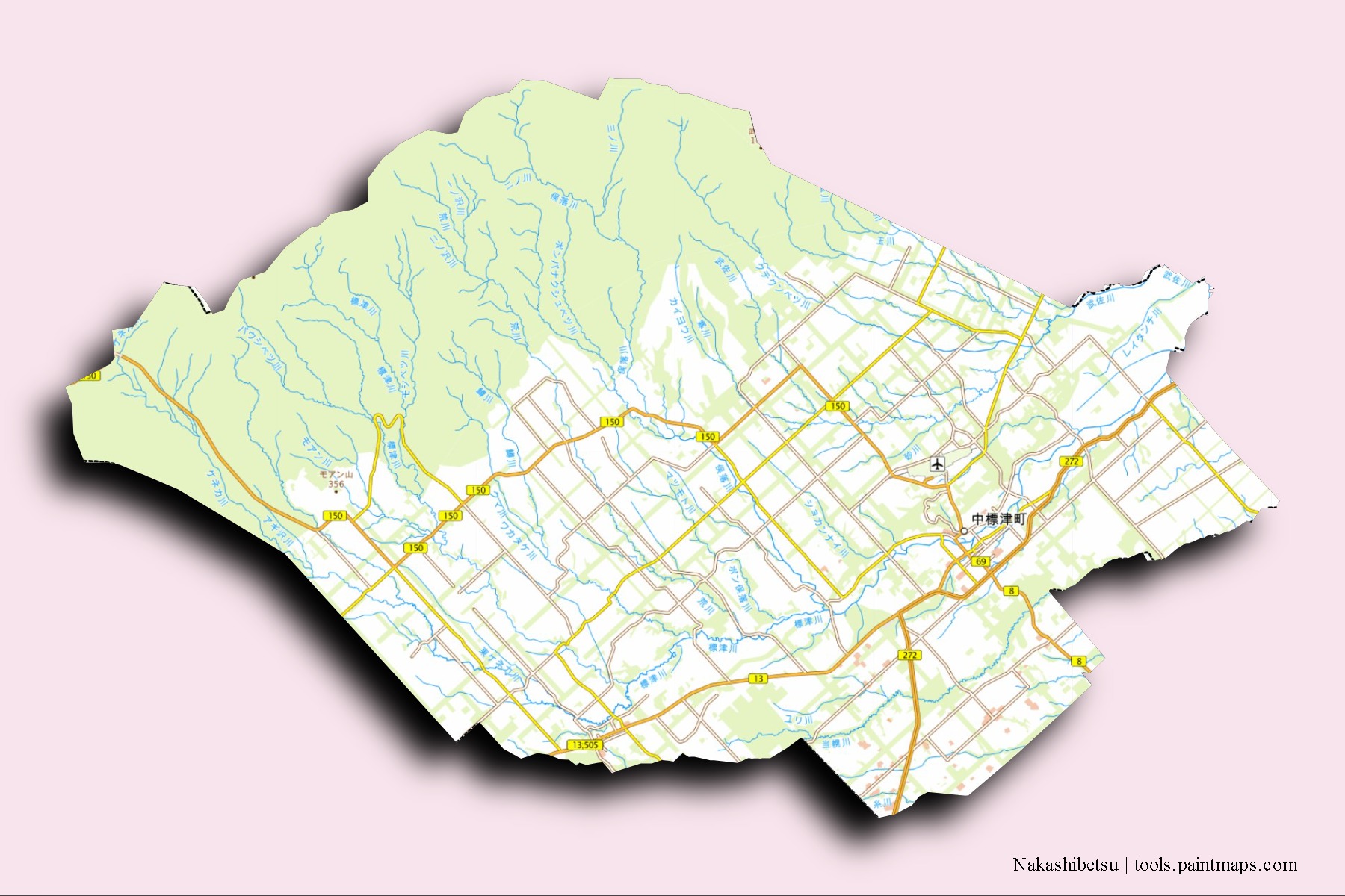 Mapa de barrios y pueblos de Nakashibetsu con efecto de sombra 3D