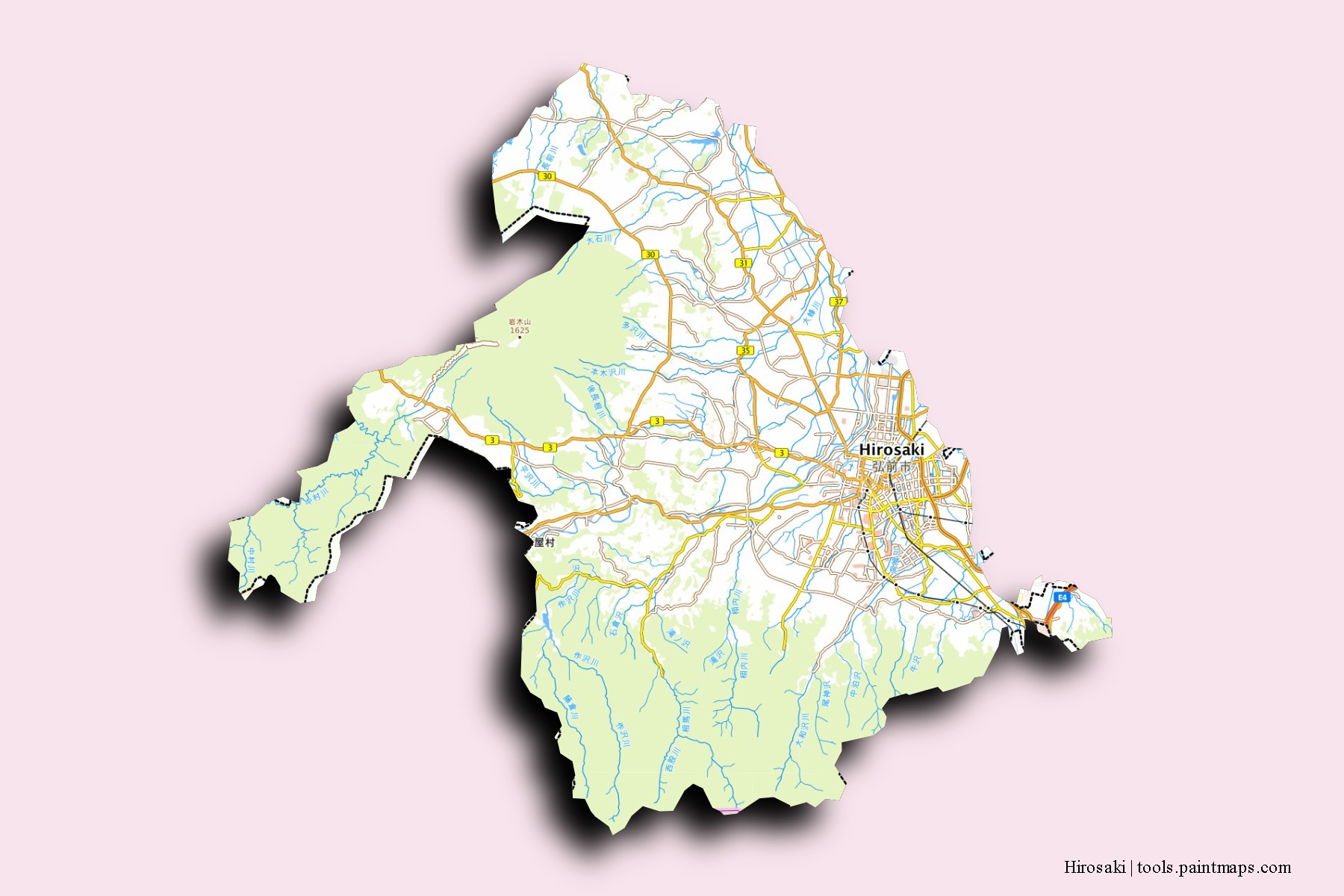 Mapa de barrios y pueblos de Hirosaki con efecto de sombra 3D