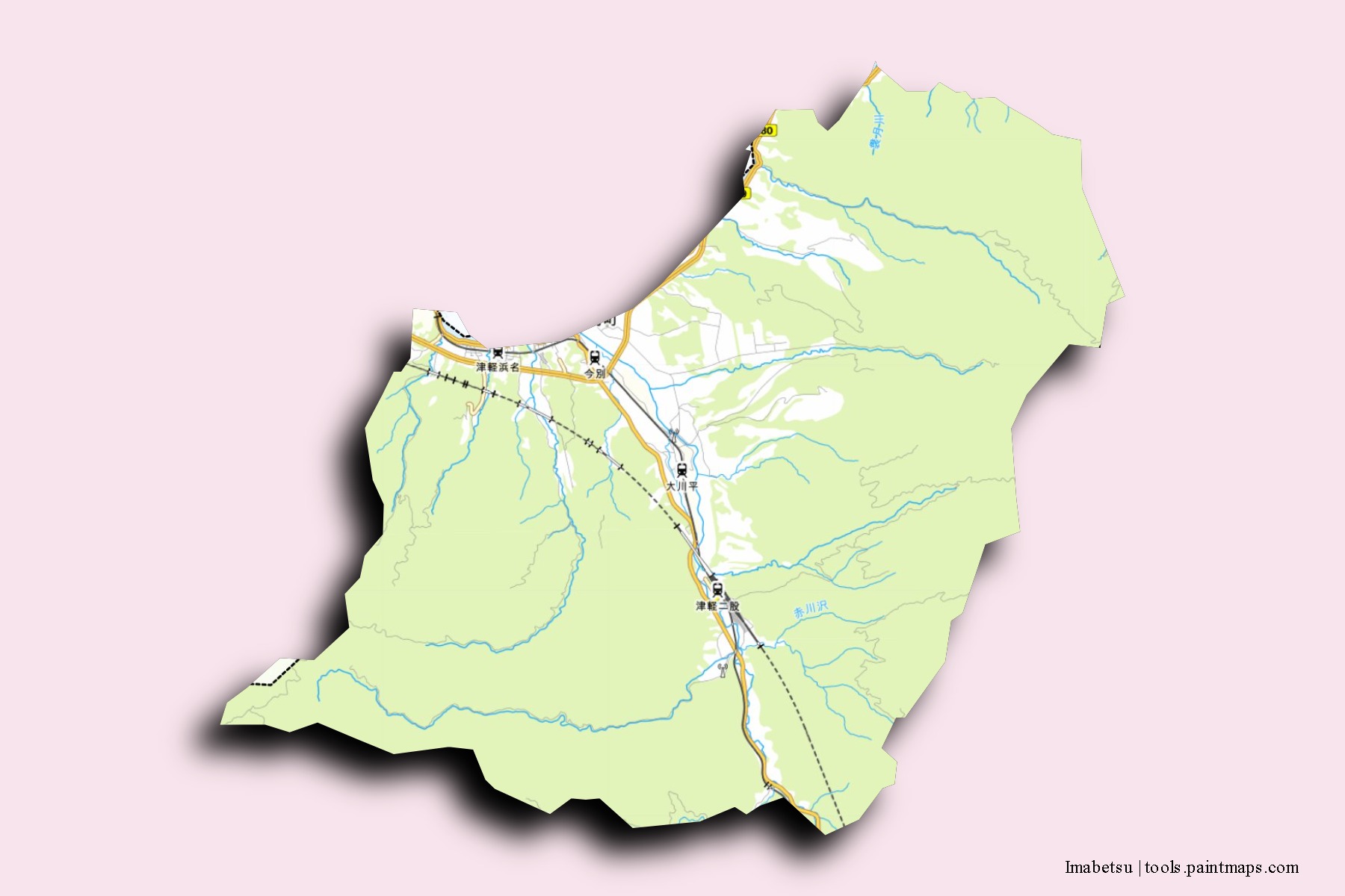 Mapa de barrios y pueblos de Imabetsu con efecto de sombra 3D