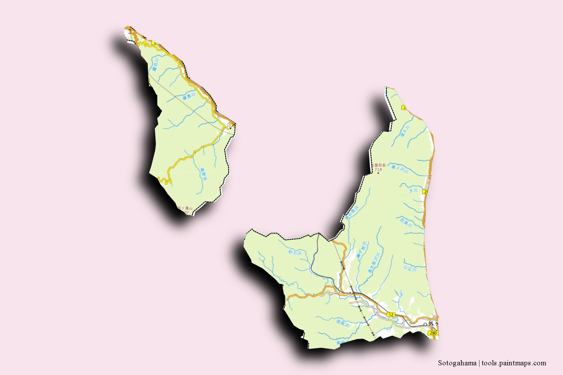 Mapa de barrios y pueblos de Sotogahama con efecto de sombra 3D