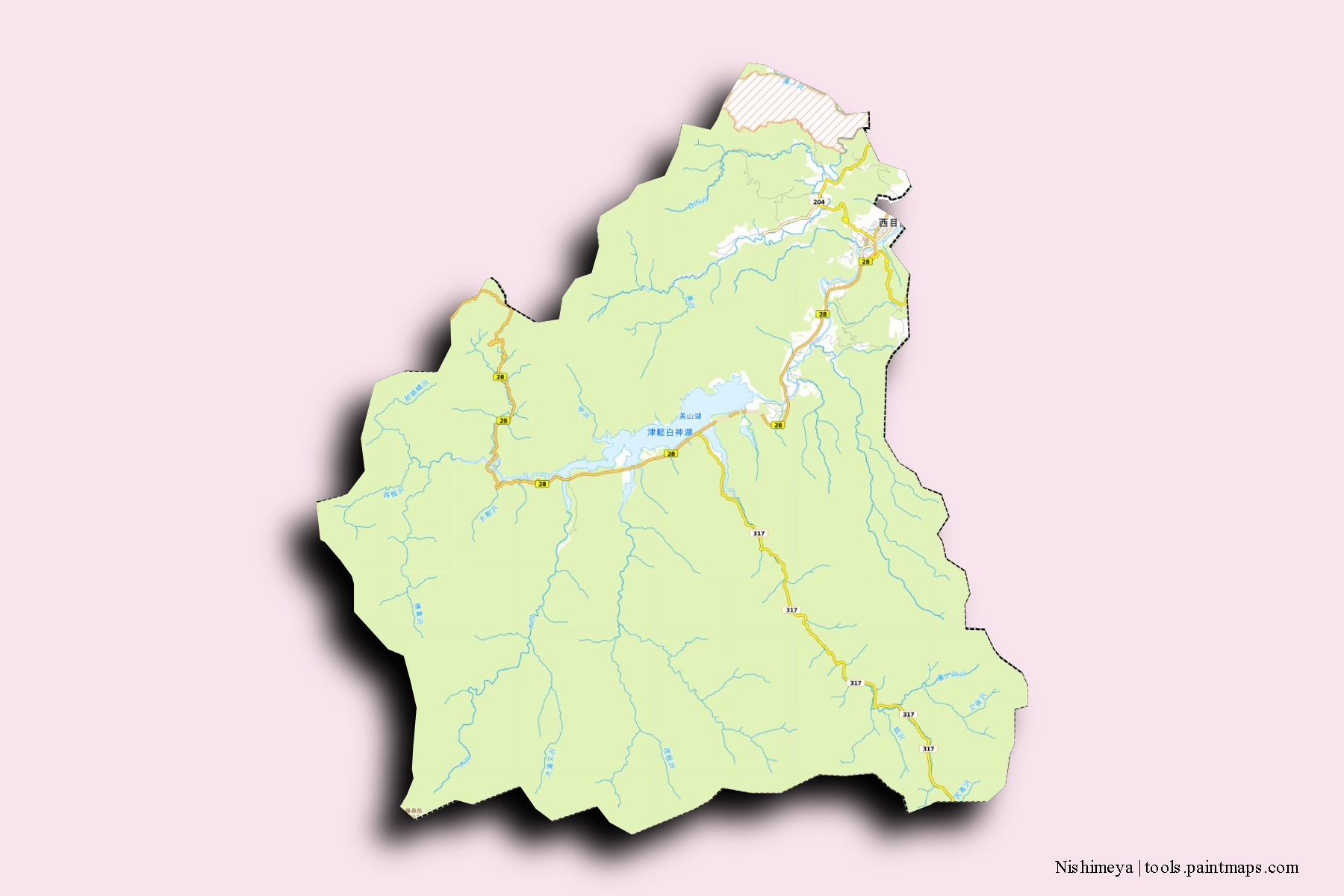 Nishimeya neighborhoods and villages map with 3D shadow effect