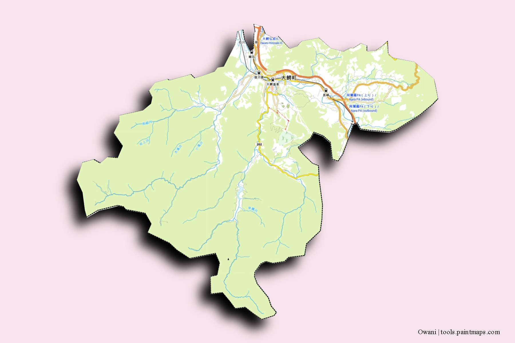 Mapa de barrios y pueblos de Owani con efecto de sombra 3D