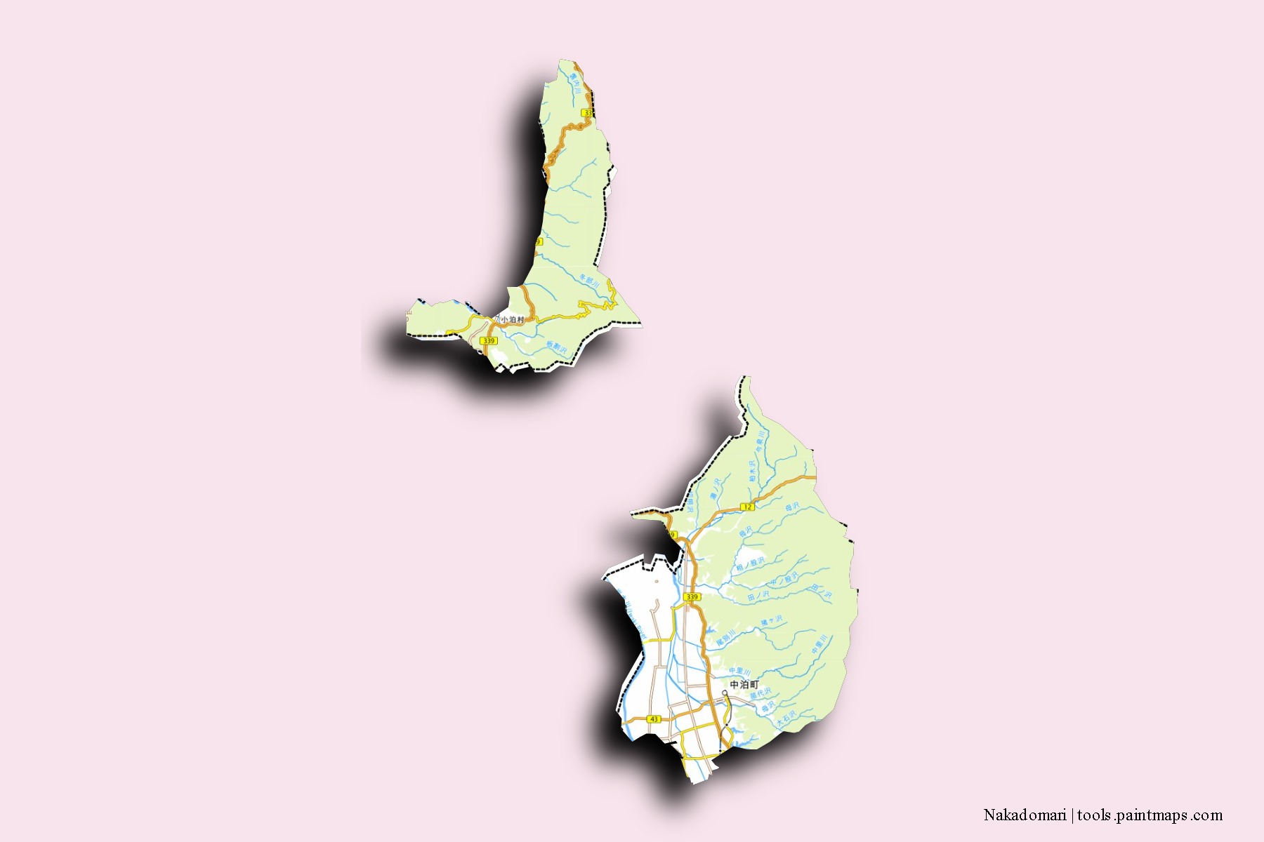 Mapa de barrios y pueblos de Nakadomari con efecto de sombra 3D