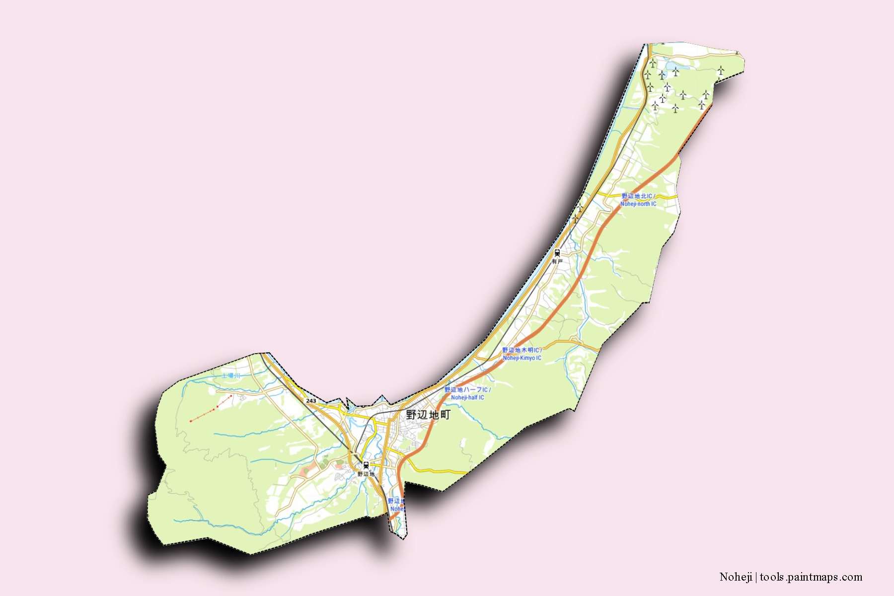 Mapa de barrios y pueblos de Noheji con efecto de sombra 3D