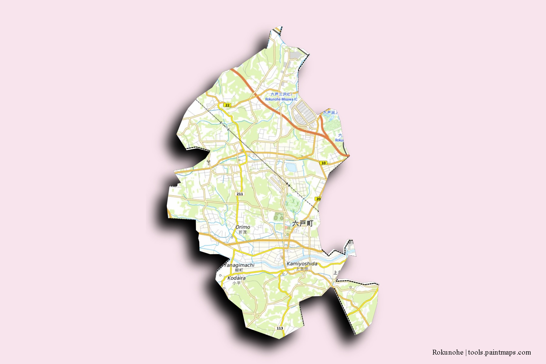 Mapa de barrios y pueblos de Rokunohe con efecto de sombra 3D