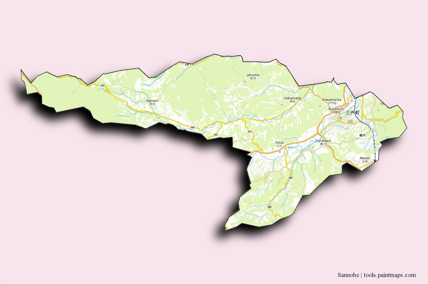 Mapa de barrios y pueblos de Sannohe con efecto de sombra 3D