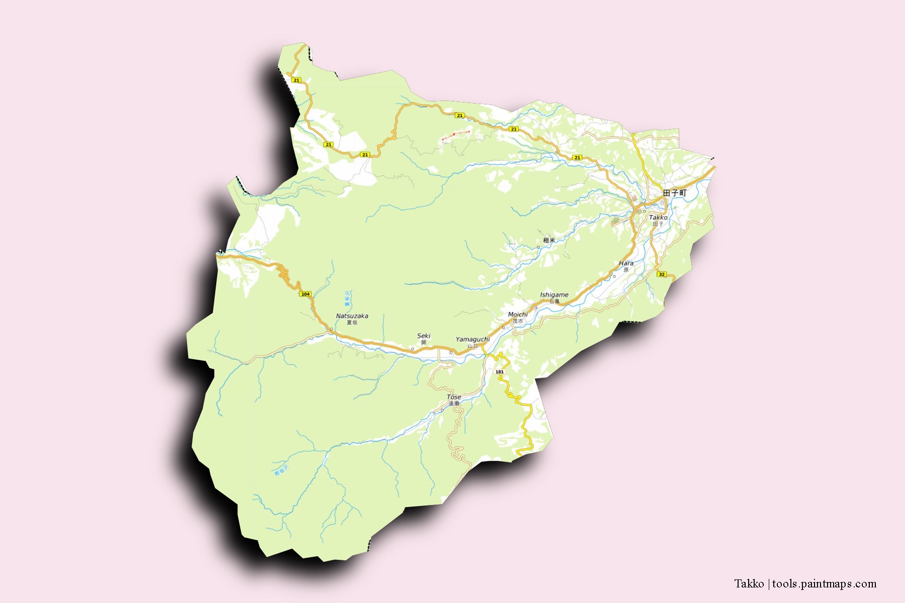 Mapa de barrios y pueblos de Takko con efecto de sombra 3D