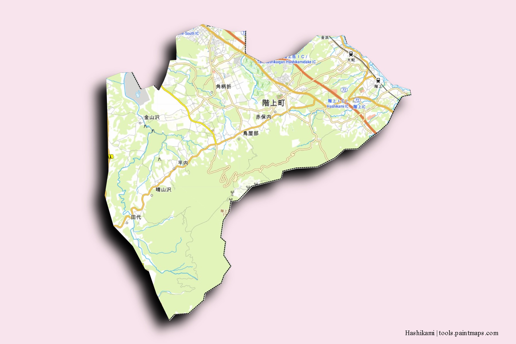 Hashikami neighborhoods and villages map with 3D shadow effect