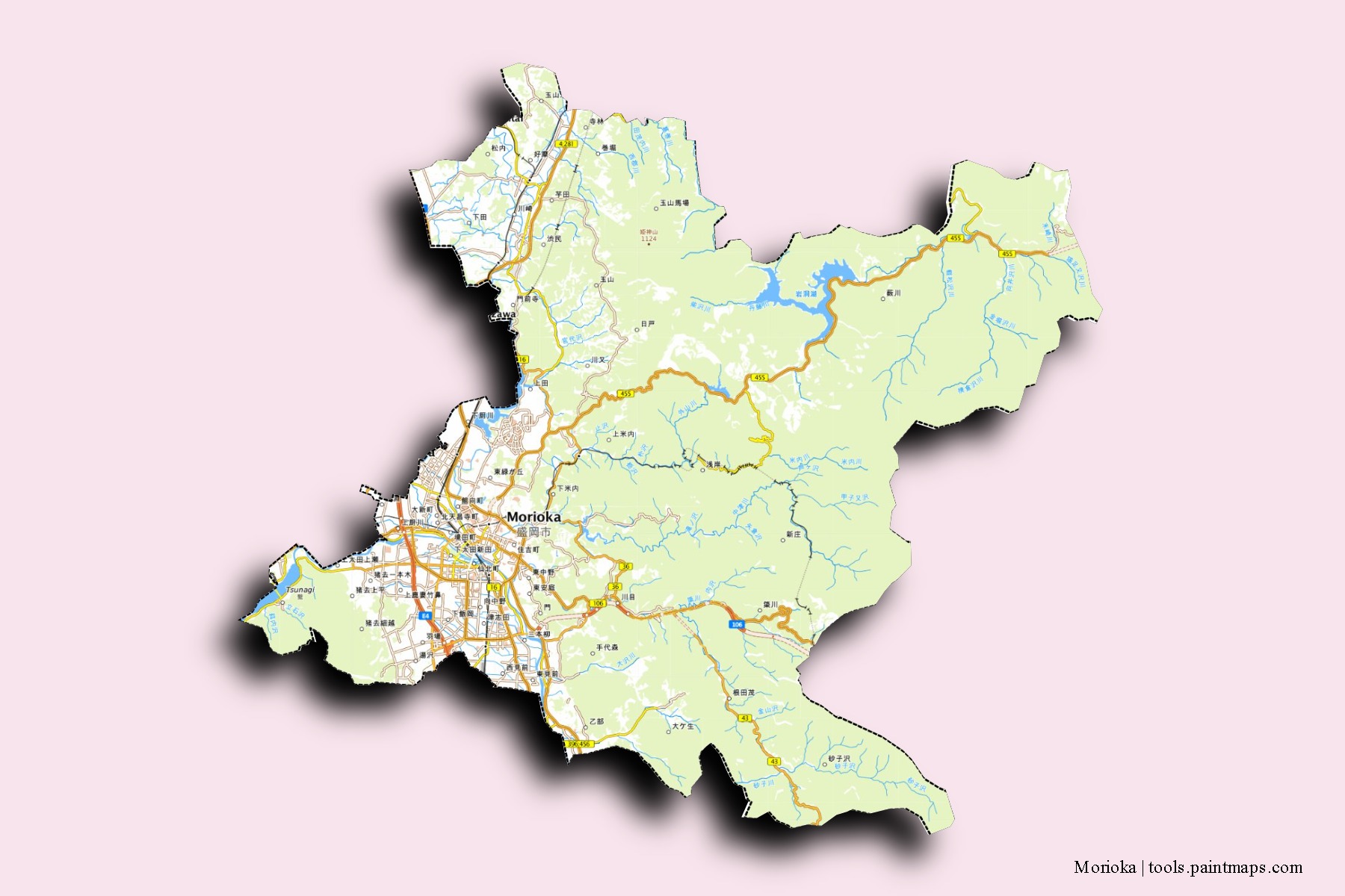 Mapa de barrios y pueblos de Morioka con efecto de sombra 3D