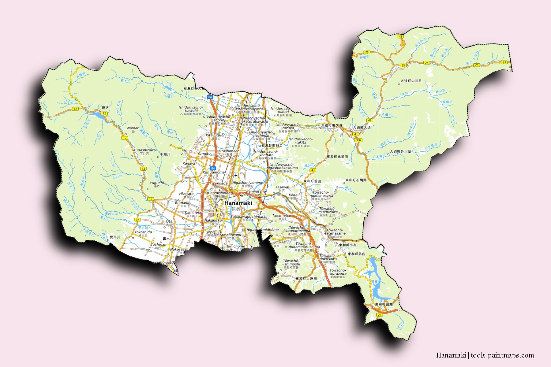 Hanamaki neighborhoods and villages map with 3D shadow effect