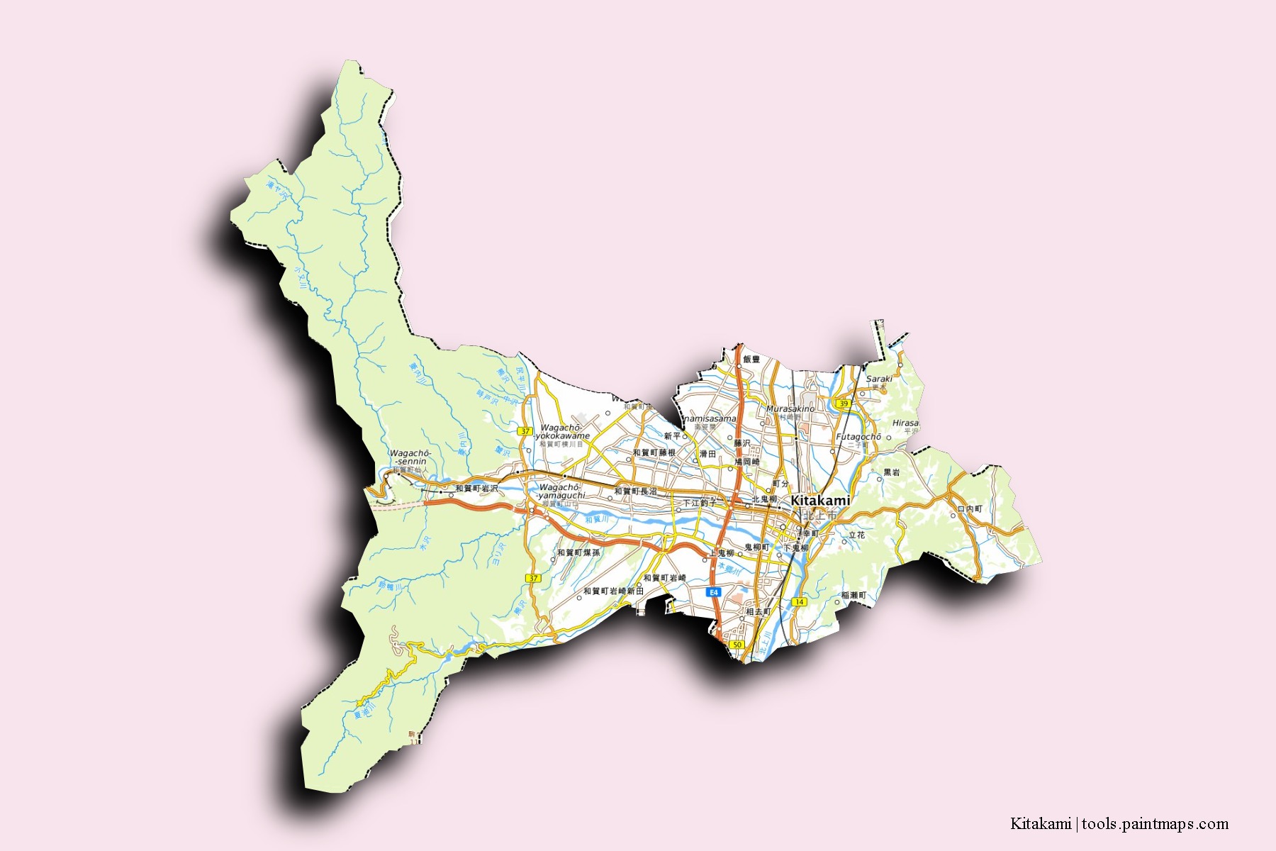 3D gölge efektli Kitakami mahalleleri ve köyleri haritası