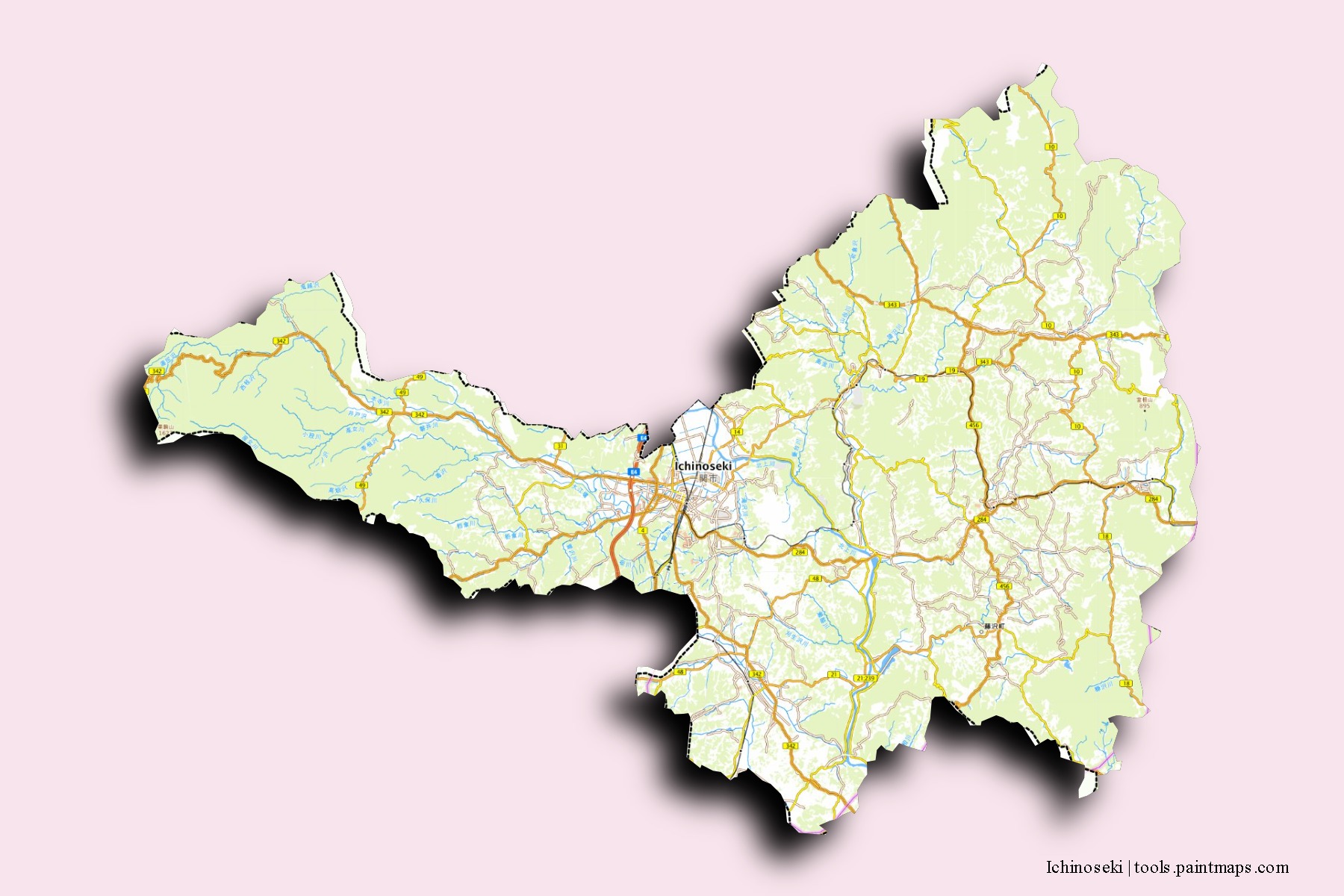 Mapa de barrios y pueblos de Ichinoseki con efecto de sombra 3D