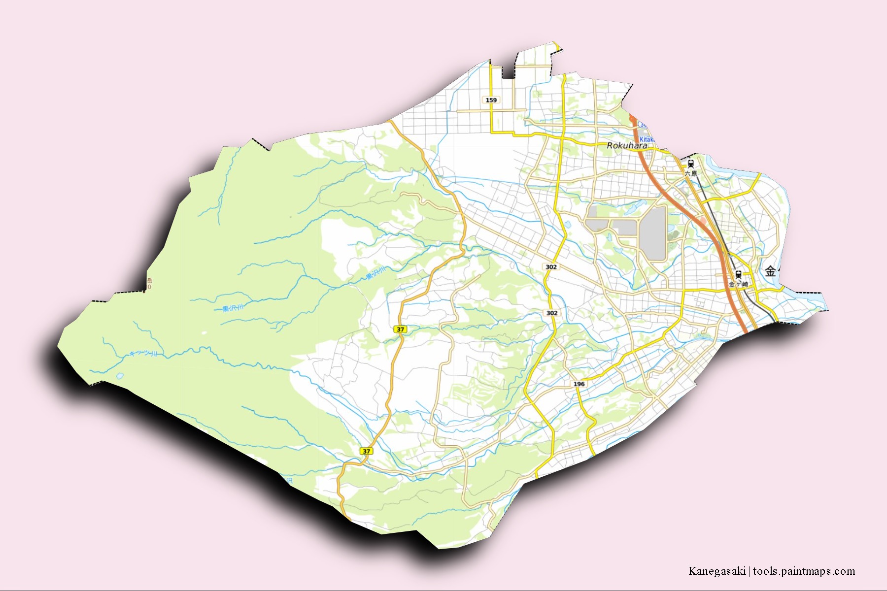 Mapa de barrios y pueblos de Kanegasaki con efecto de sombra 3D