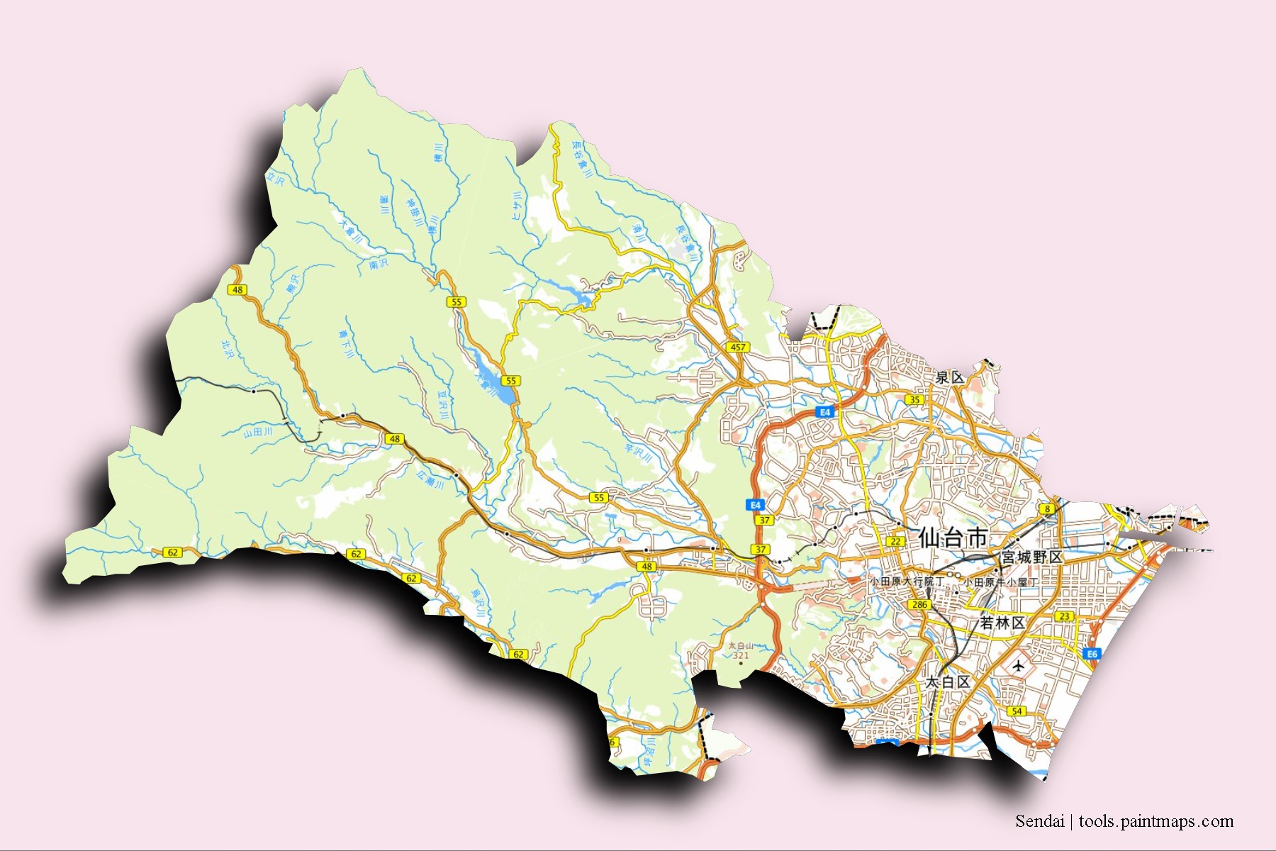 Mapa de barrios y pueblos de Sendai con efecto de sombra 3D