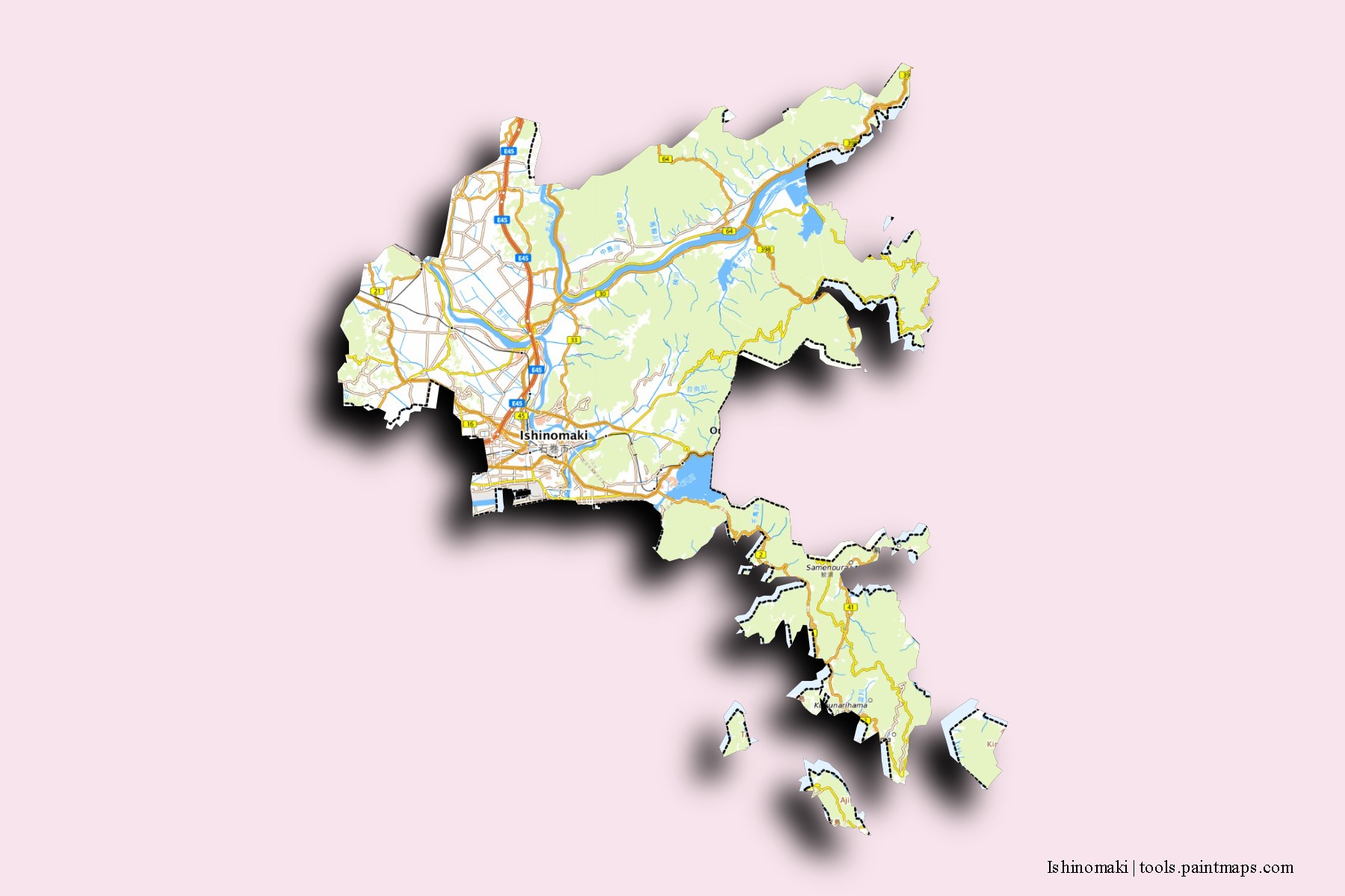 Ishinomaki neighborhoods and villages map with 3D shadow effect