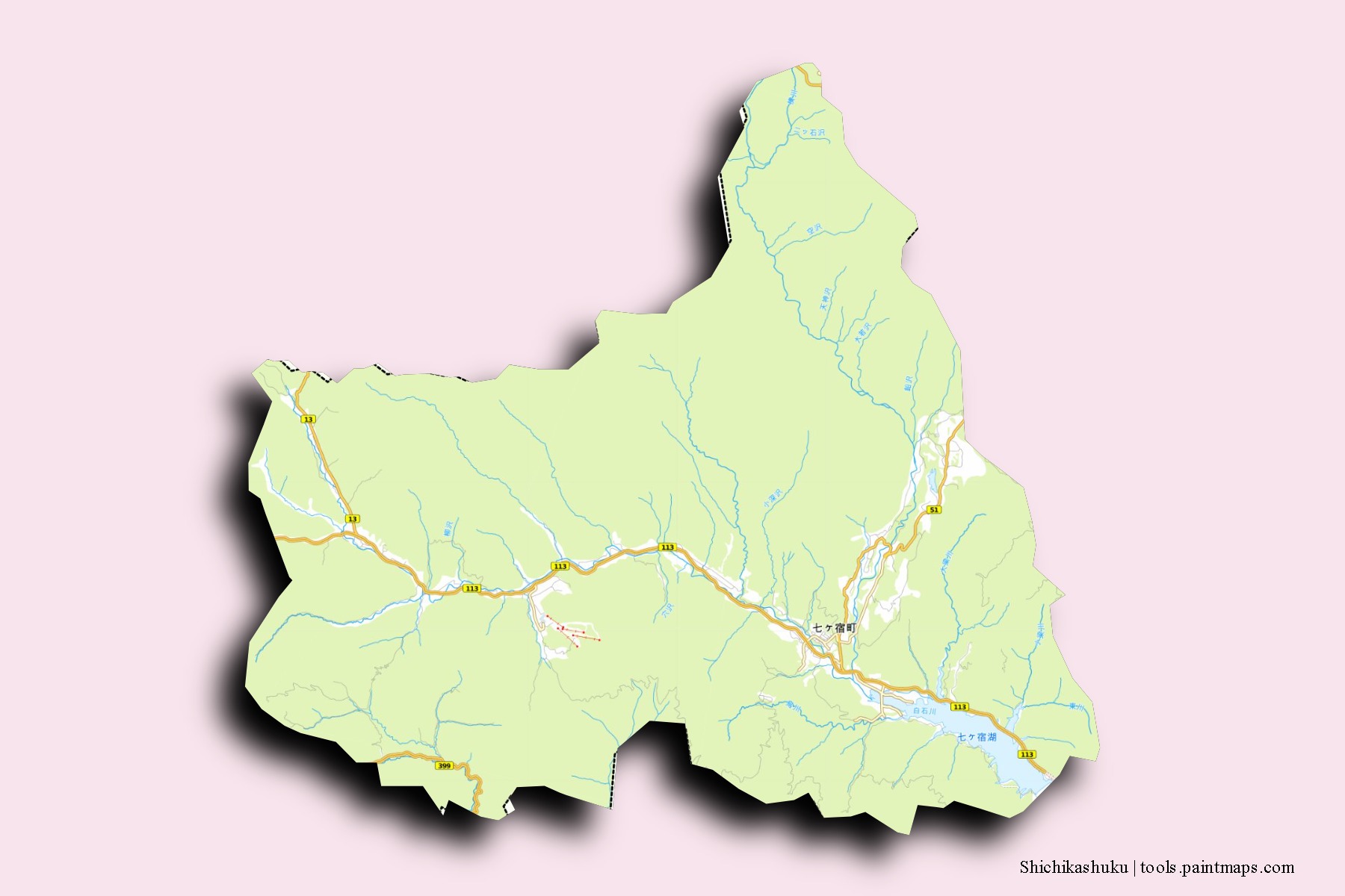 Shichikashuku neighborhoods and villages map with 3D shadow effect