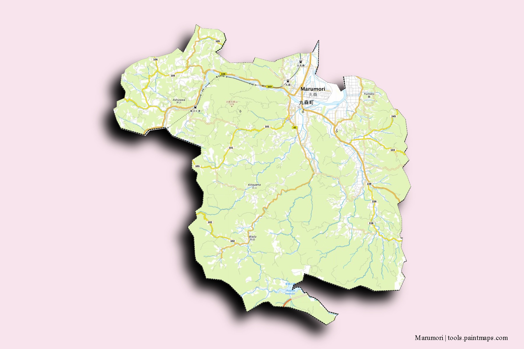 Mapa de barrios y pueblos de Marumori con efecto de sombra 3D