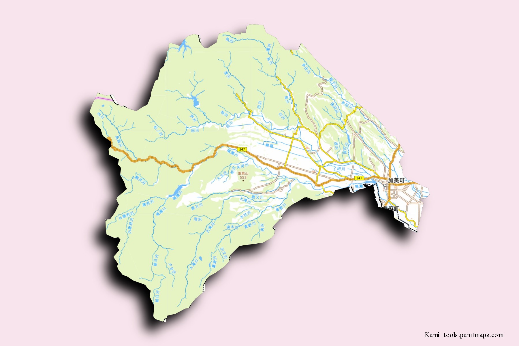 Mapa de barrios y pueblos de Kami con efecto de sombra 3D