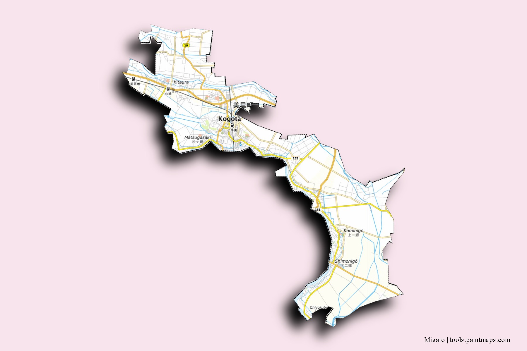 Misato neighborhoods and villages map with 3D shadow effect