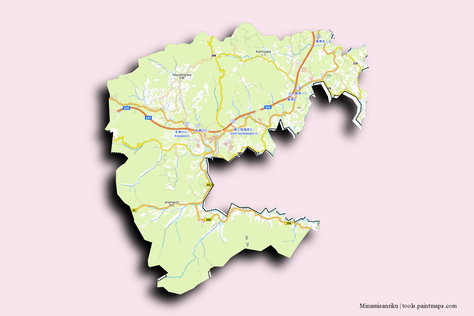 Mapa de barrios y pueblos de Minamisanriku con efecto de sombra 3D