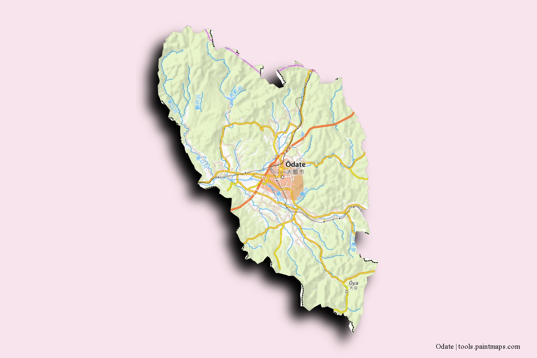 Mapa de barrios y pueblos de Odate con efecto de sombra 3D